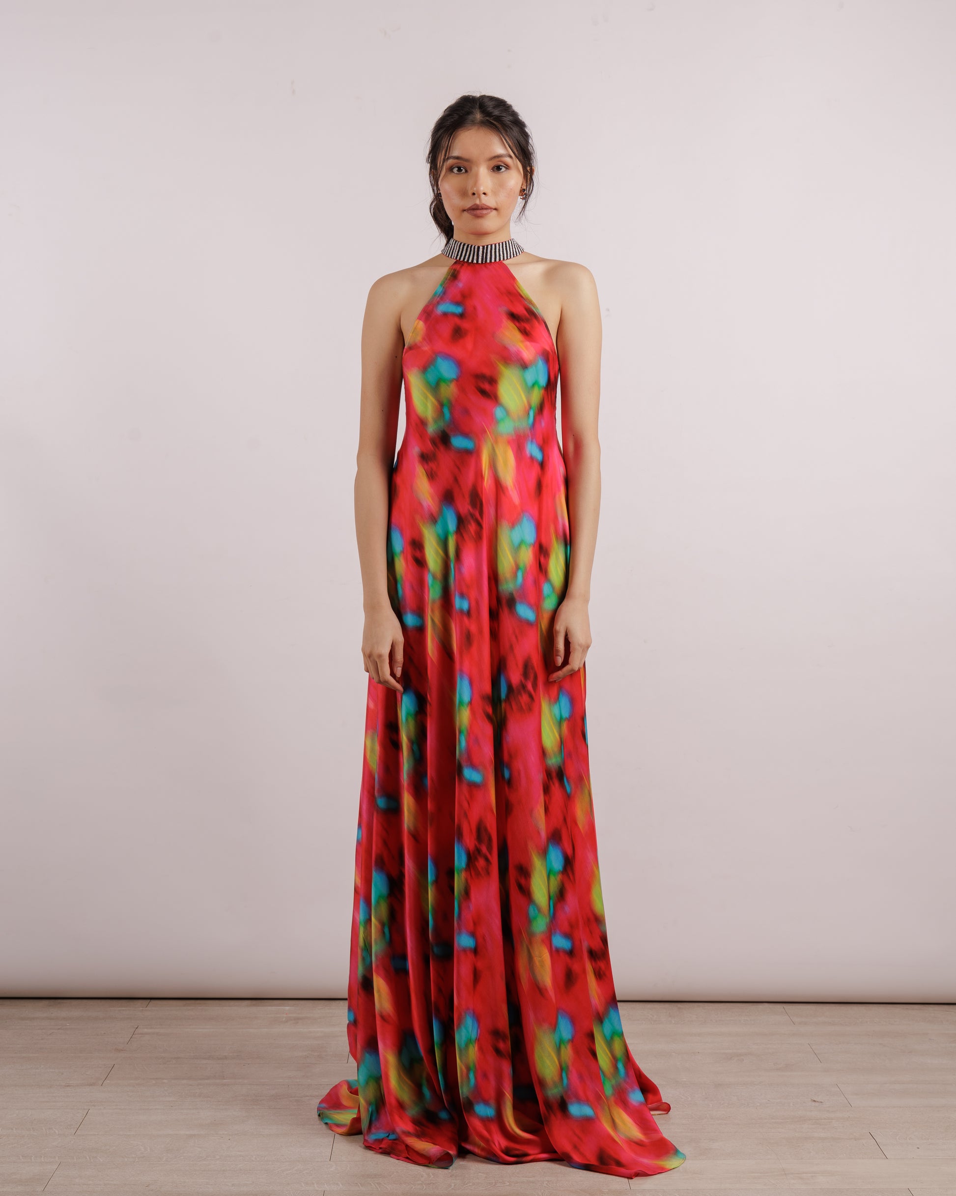 Poppy Halter Dress | Printed | Silk | Red | Maxi Dresses
