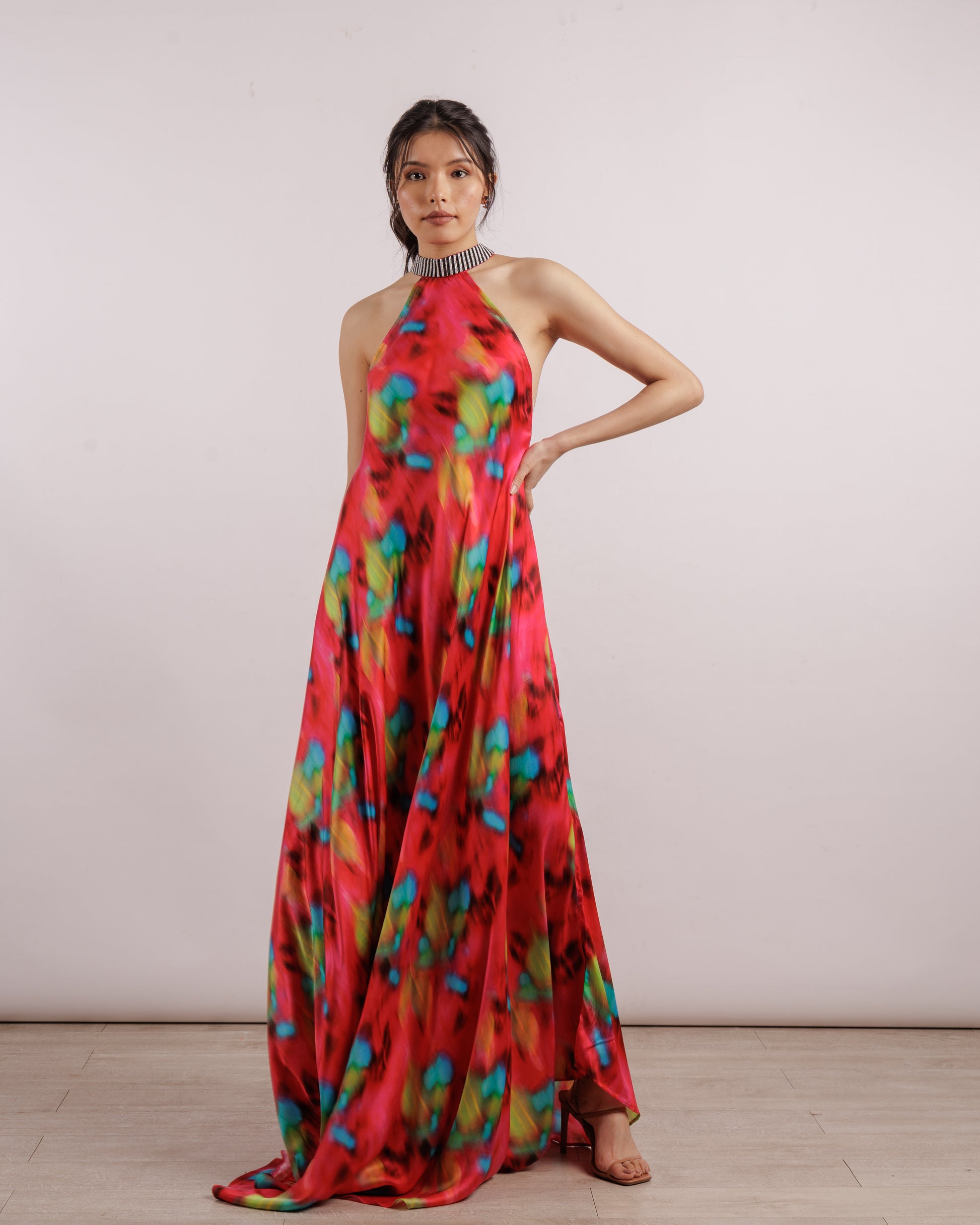 Poppy Halter Dress | Printed | Silk | Red | Maxi Dresses