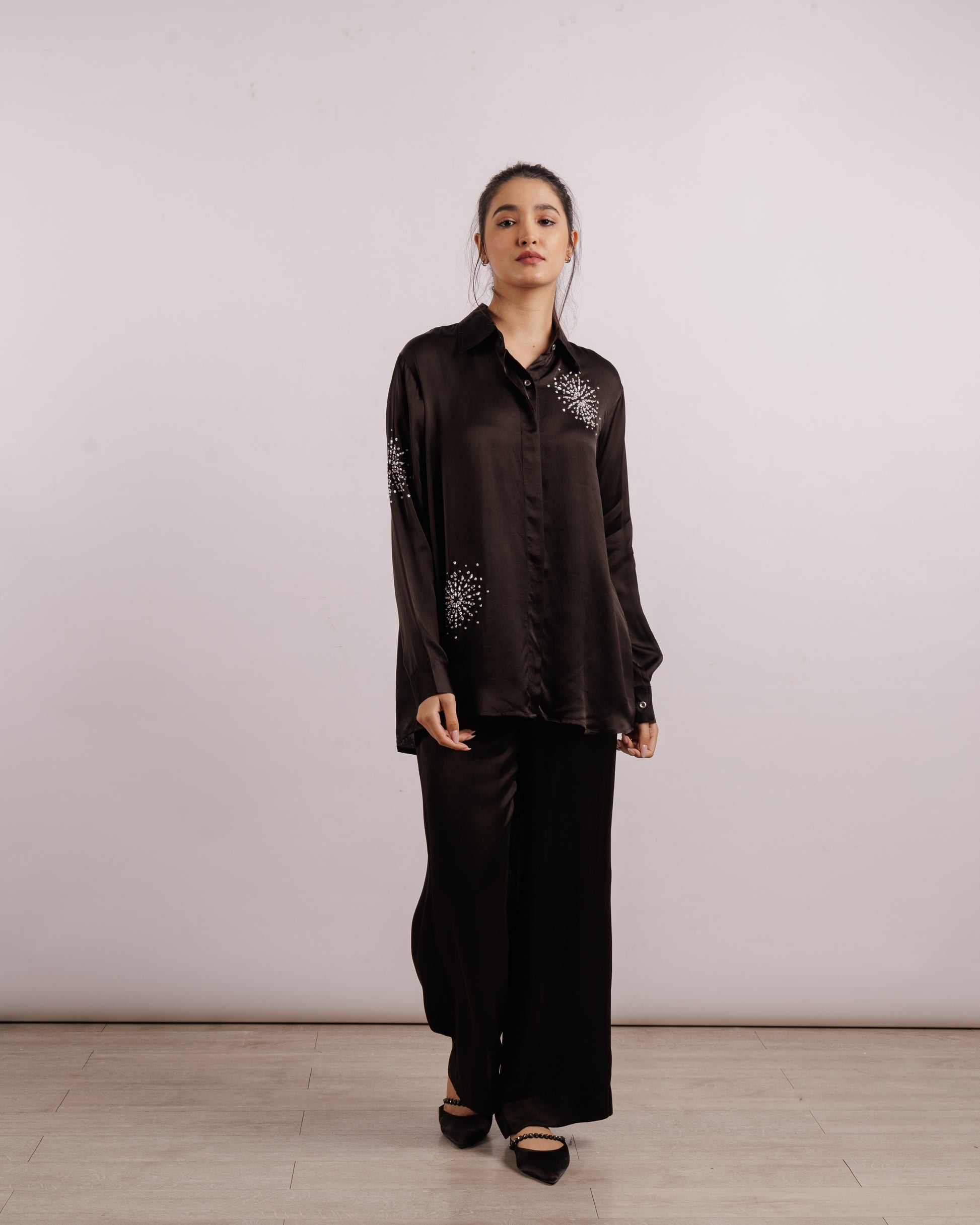 Black Brunia Shirt and Trousers Set | Swarovski | Silk