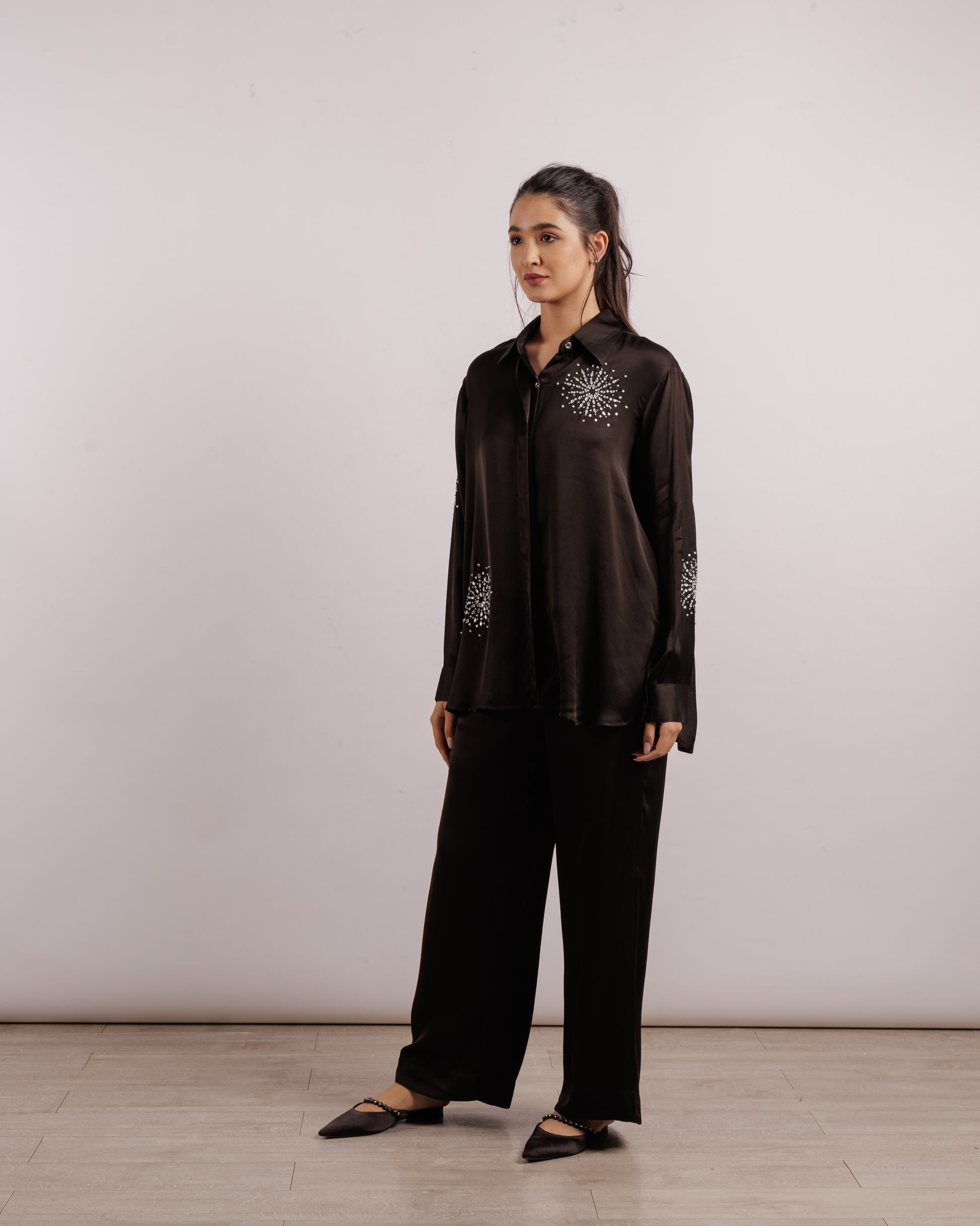 Black Brunia Shirt and Trousers Set | Swarovski | Silk