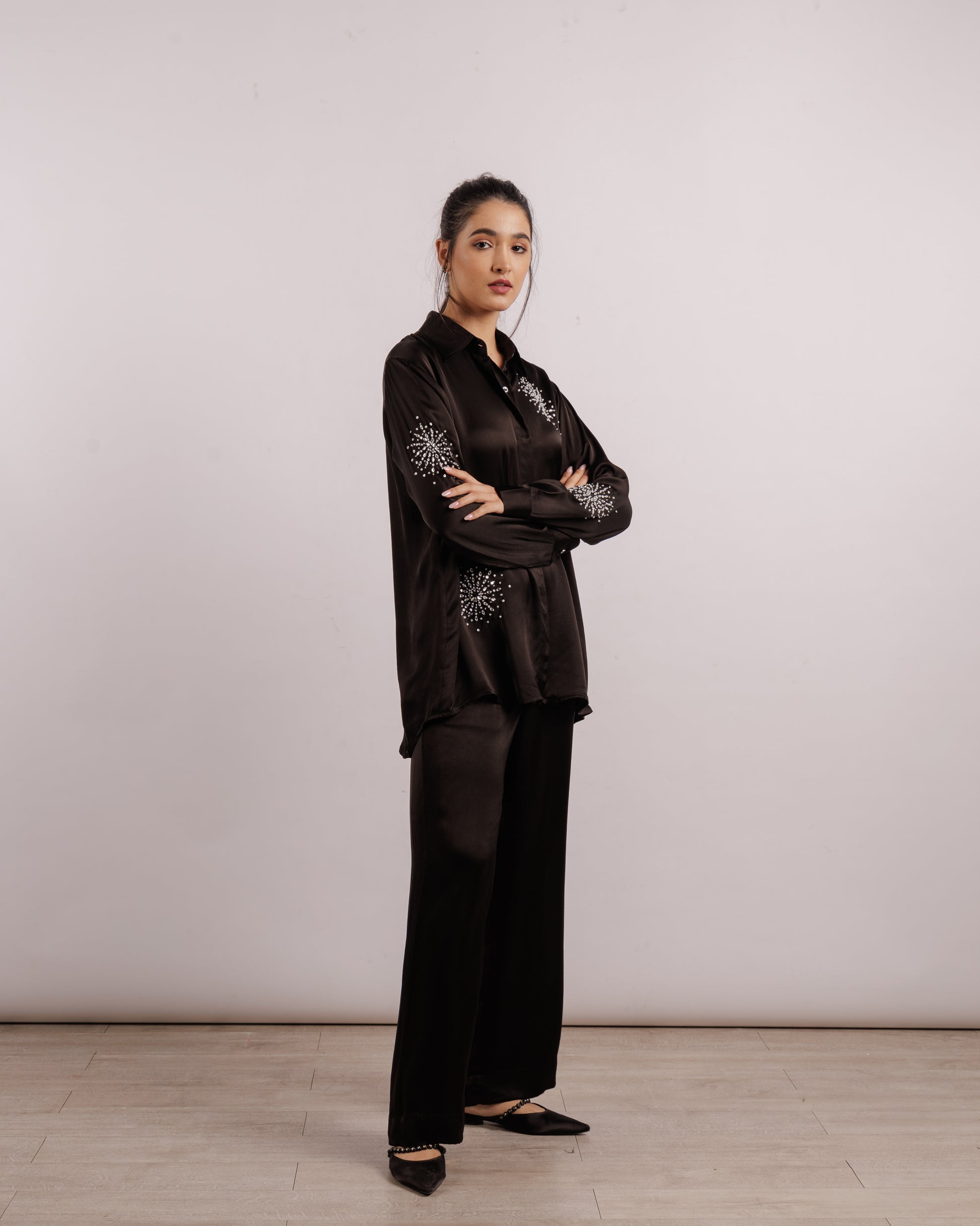 Black Brunia Shirt and Trousers Set | Swarovski | Silk