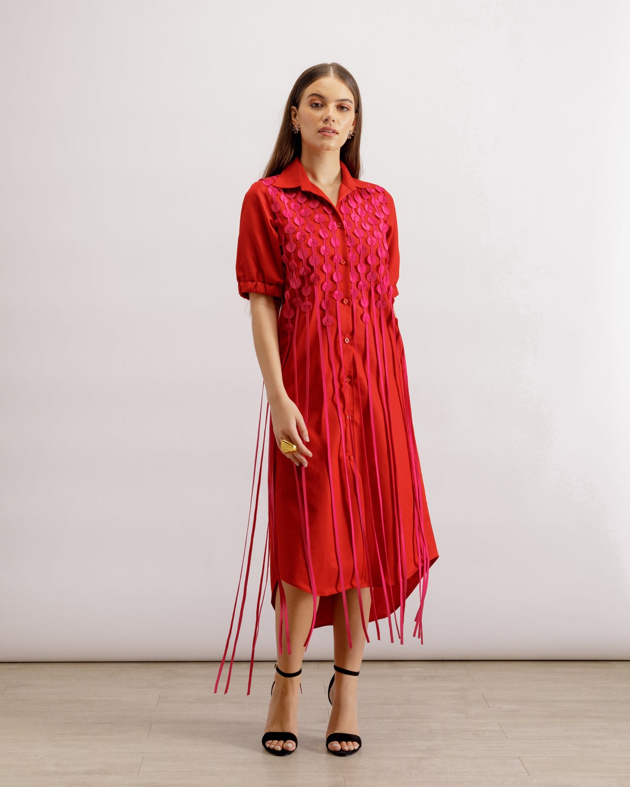 Red Fringe Shirt Dress | Iris Fringe Shirt Dress - Red | PAIVE