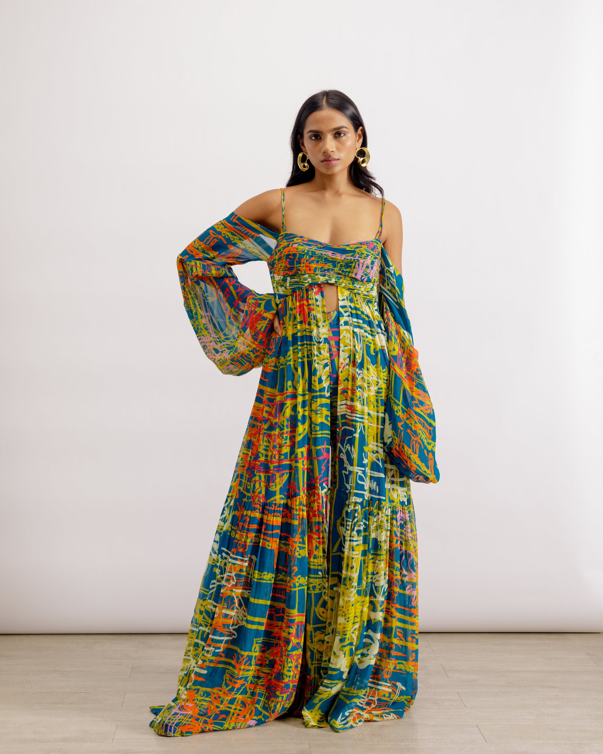Gathered Tiered Panel Dress | Ooty Cape Co-ord Set - Blue | PAIVE