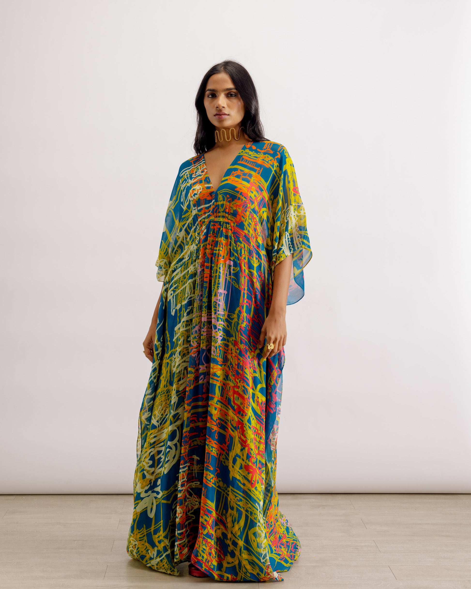 V Neck Kaftan Dress | Ooty Kaftan - Blue | PAIVE