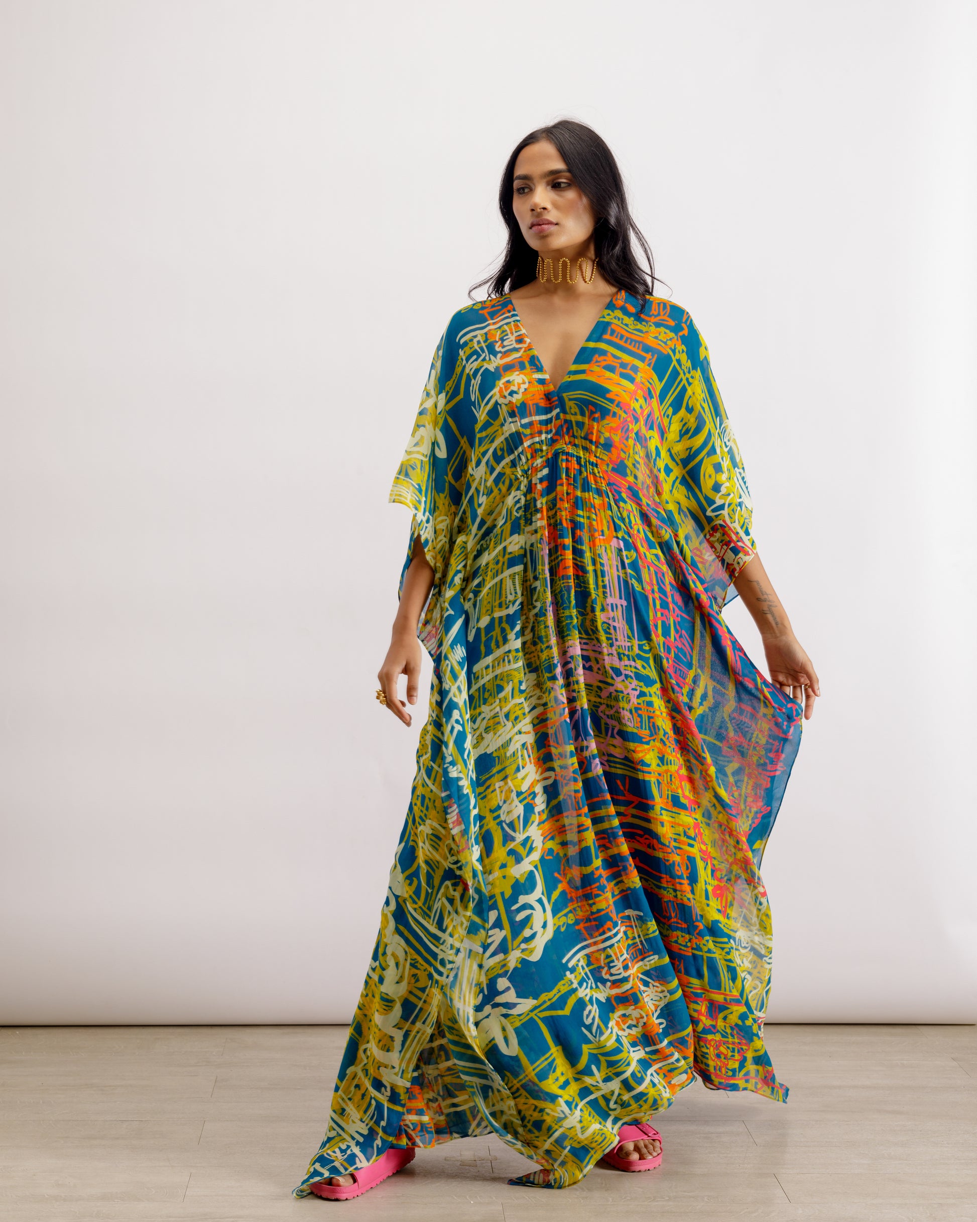 Digital Printed V Neck Kaftan | Ooty Kaftan - Multi | PAIVE