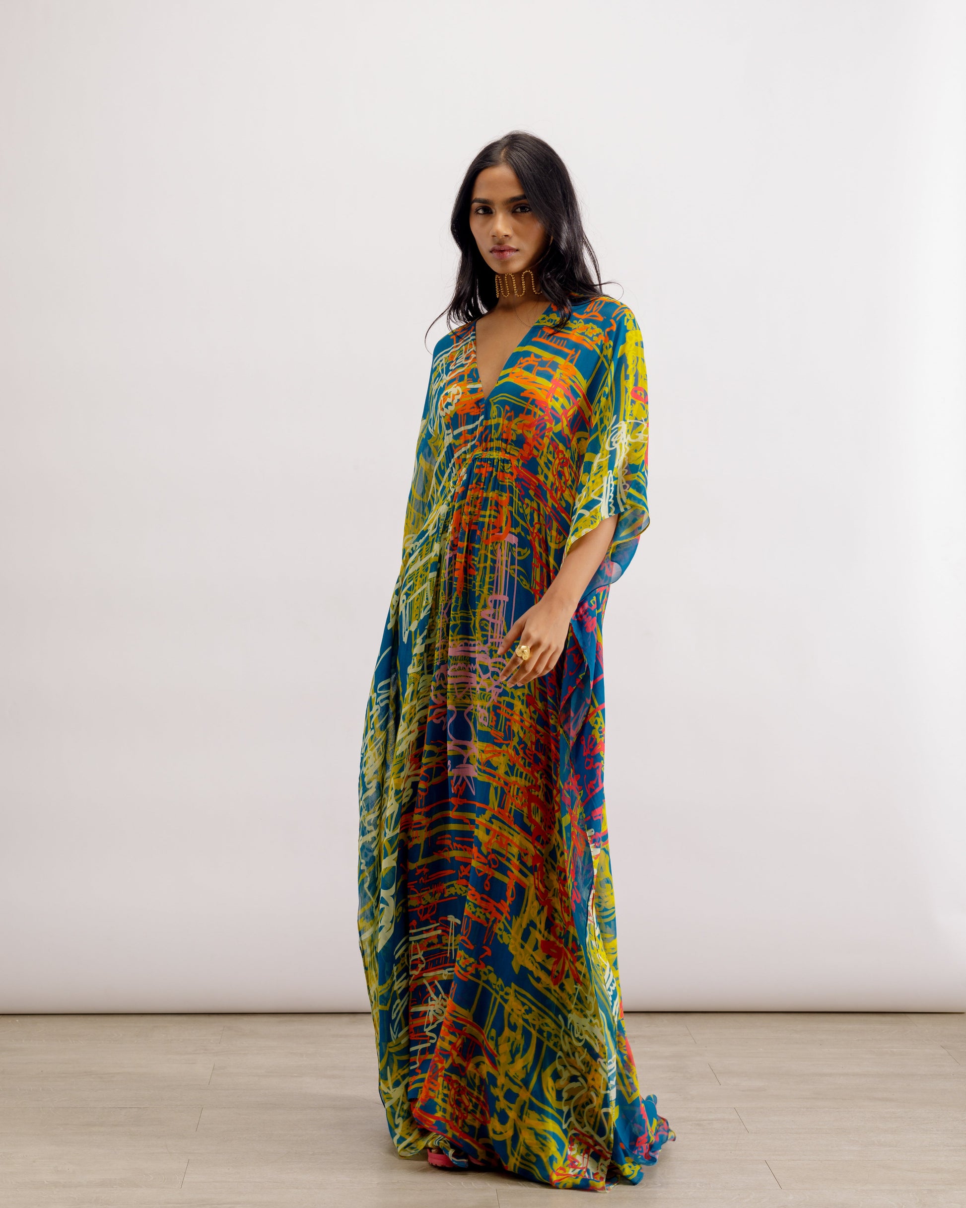V Neck Kaftan Dress | Ooty Kaftan - Blue | PAIVE