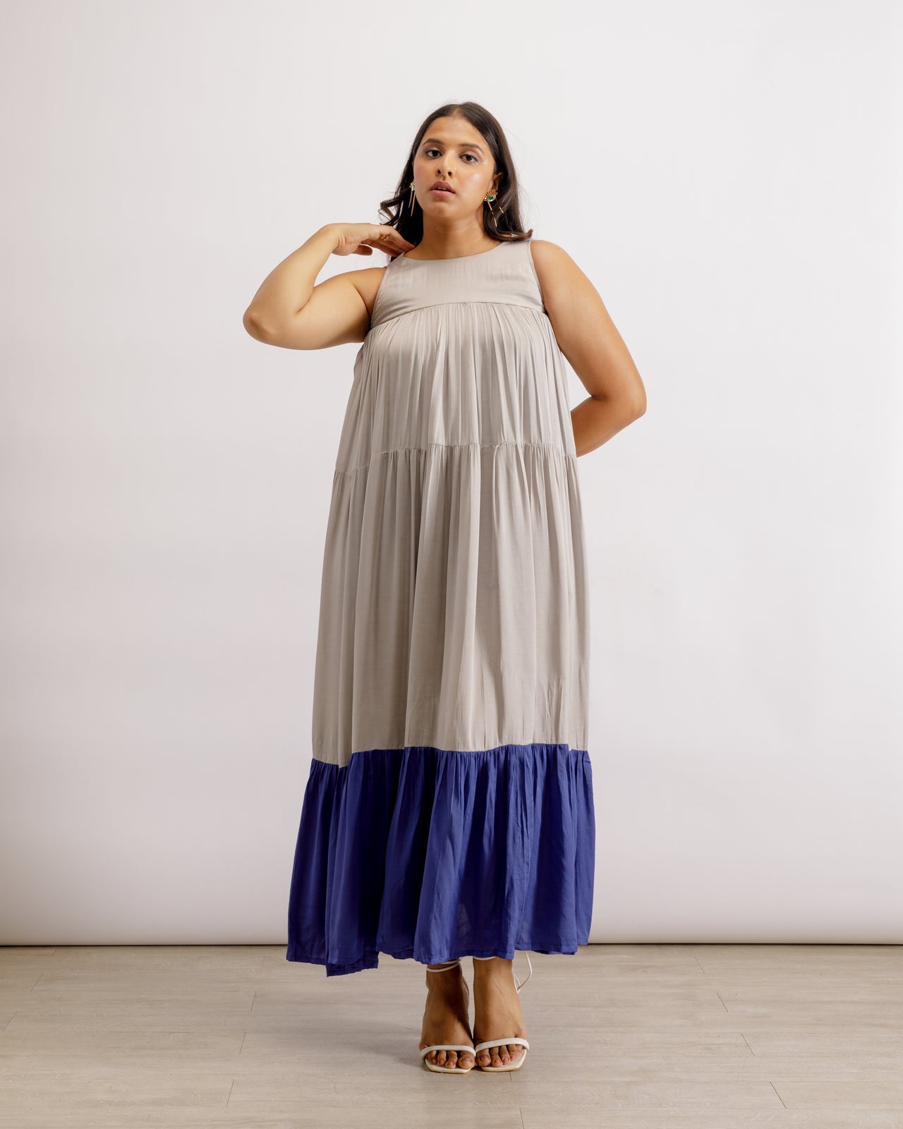 Halter Neck Dress | Gray & Blue Color Block Halter Neck Dress | Paive