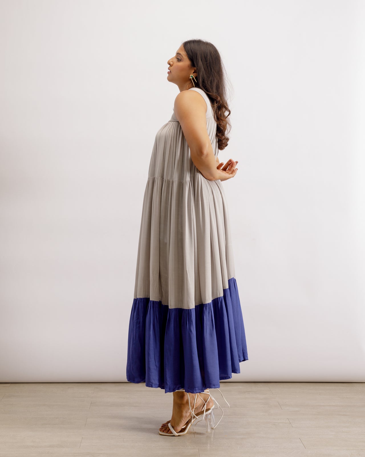 Halter Neck Dress | Gray & Blue Color Block Halter Neck Dress | Paive
