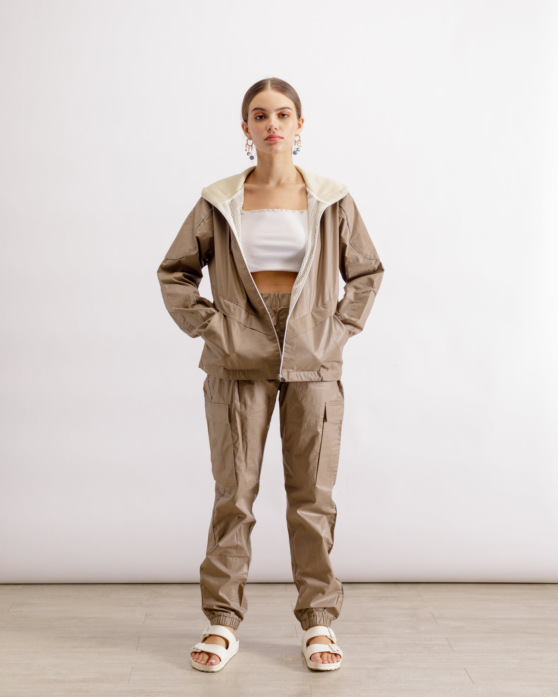 Beige Nylon Cargo Pants 