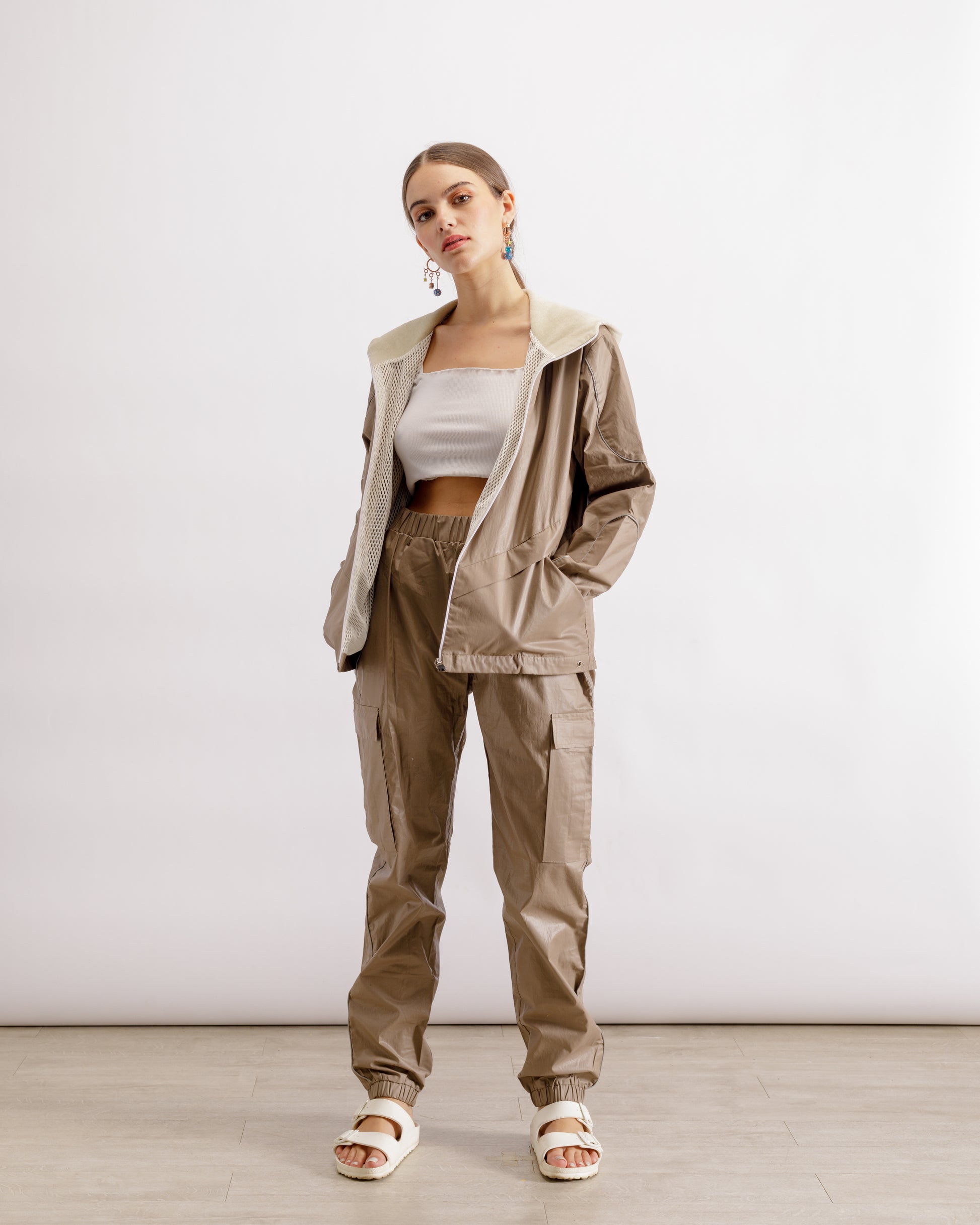 Beige Nylon Cargo Pants 