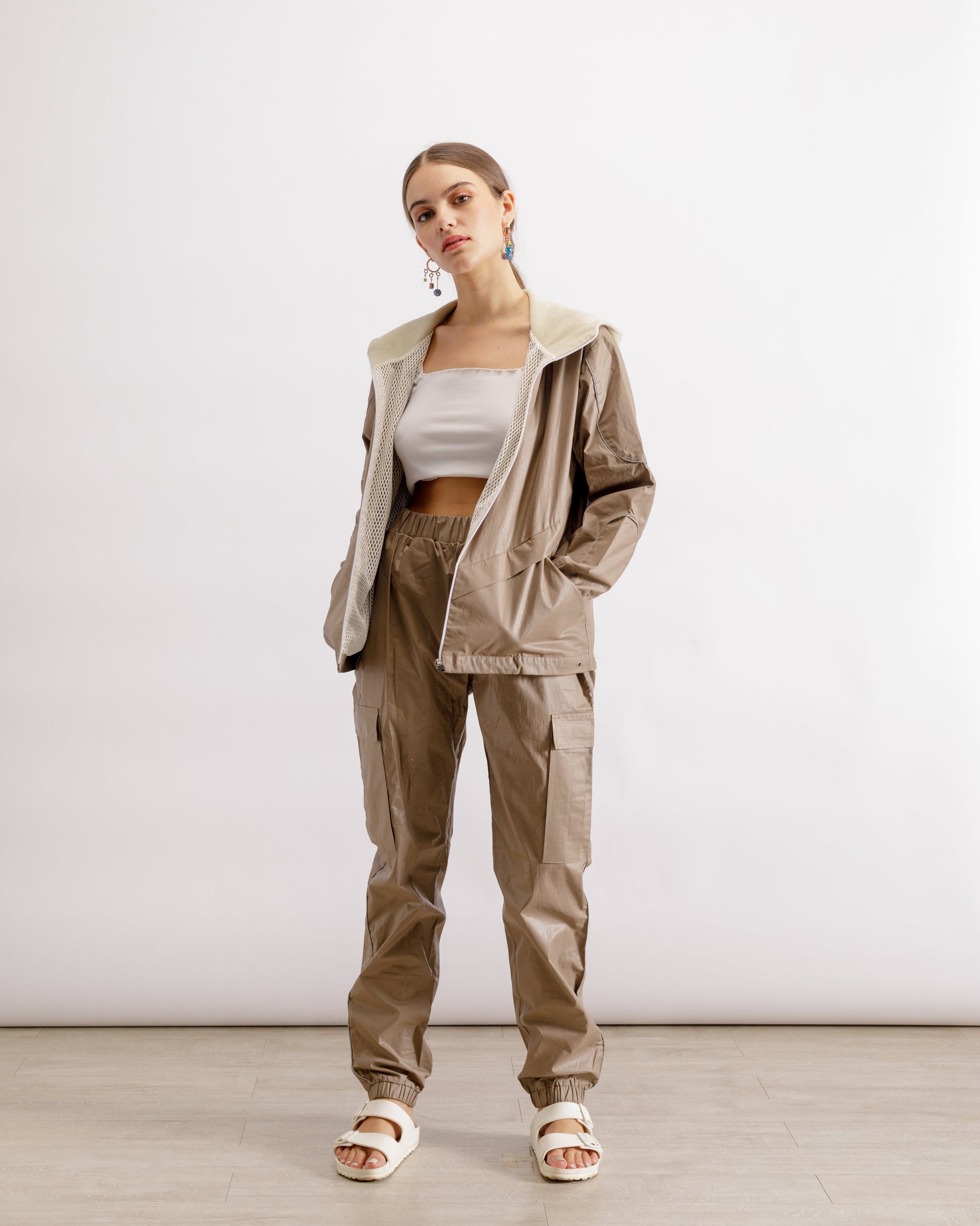 Beige Nylon Cargo Pants + Jacket