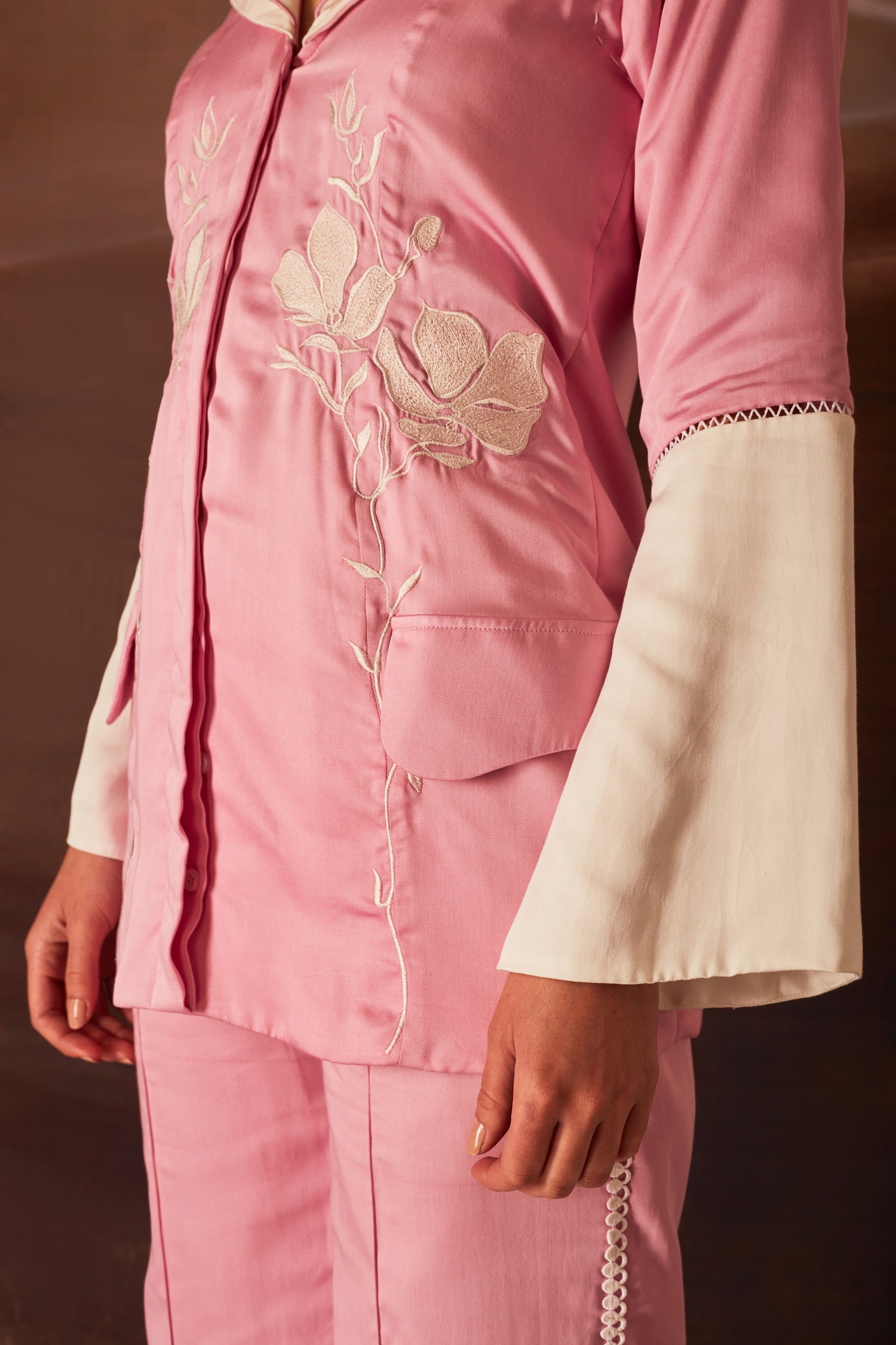 Pink Floral Blazer Set back sleeves