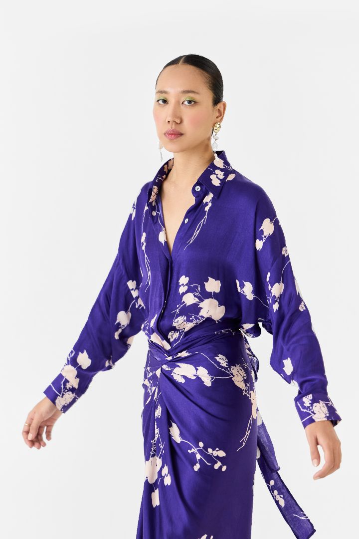 Purple Sakura Draped Shirt Dress close up