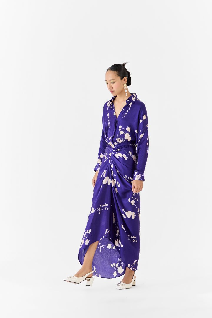 Purple Sakura Draped Shirt Dress side
