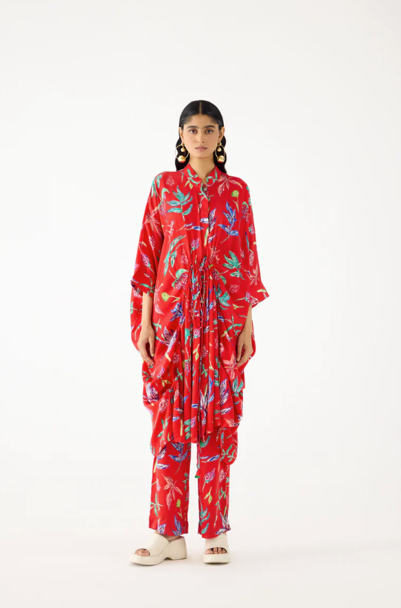 Red Botanica Drawstring Kimono Set