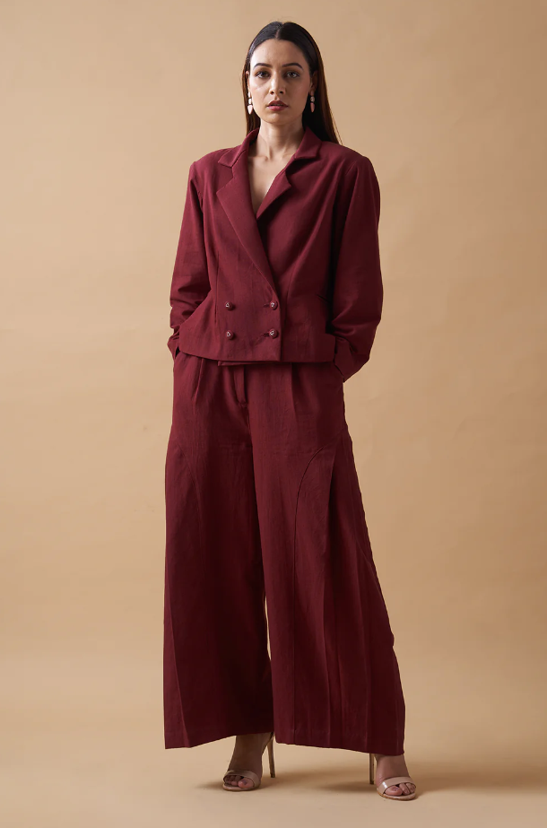 Red Khadi Blazer Set