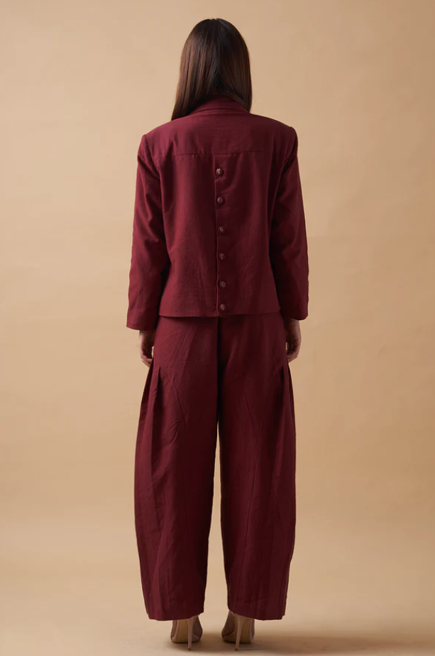 Red Khadi Blazer Set back