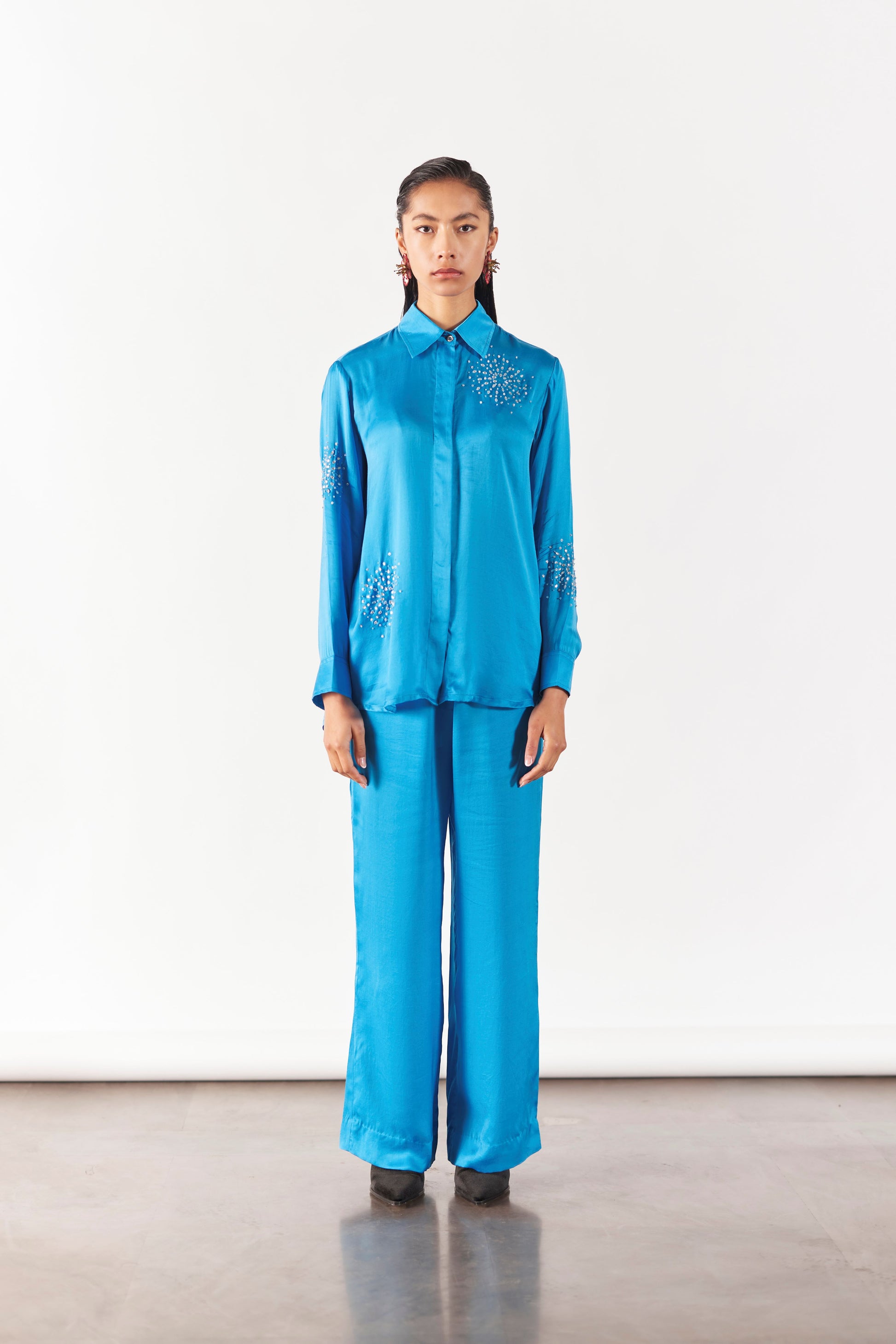 Blue Brunia Shirt and Trousers Set | Swarovski | Silk