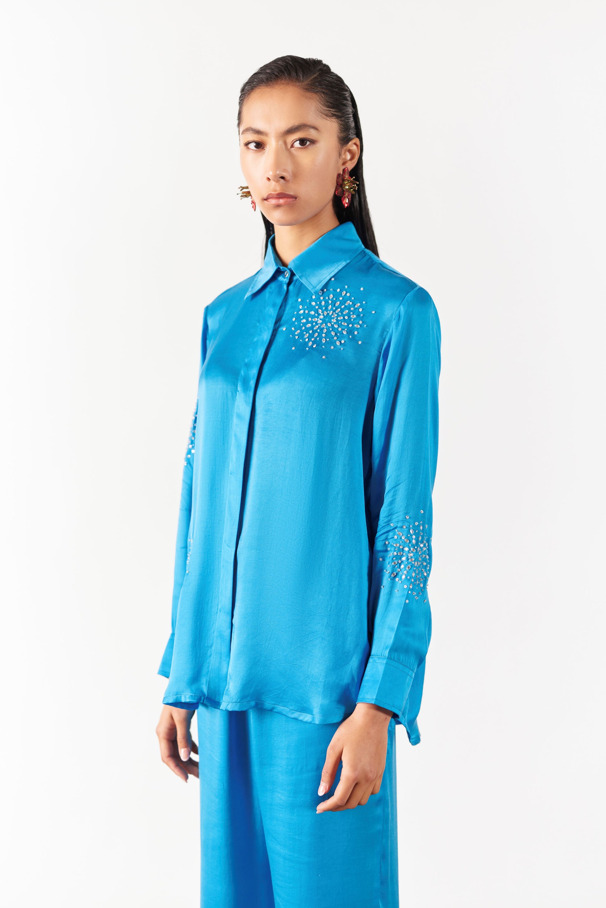 Blue Brunia Shirt and Trousers Set | Swarovski | Silk
