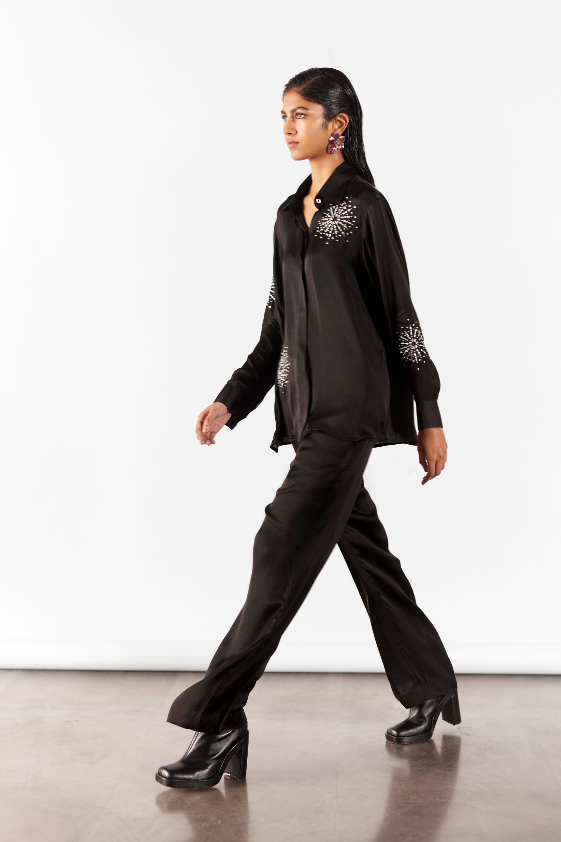 Black Brunia Shirt and Trousers Set | Swarovski | Silk