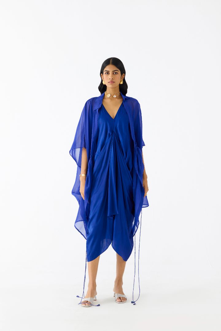 Royal Blue Midi Dress with Organza Cape