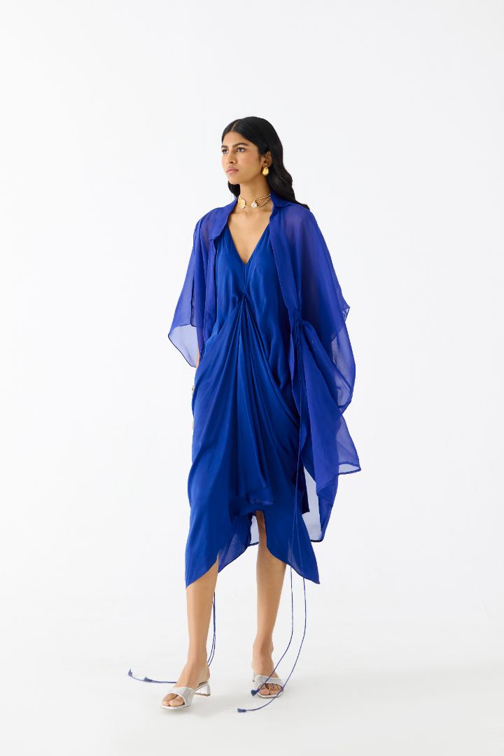 Royal Blue Midi Dress with Organza Cape side