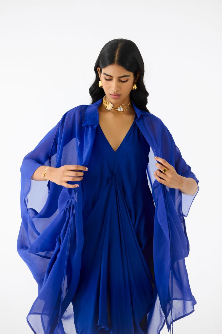 Royal Blue Midi Dress with Organza Cape top