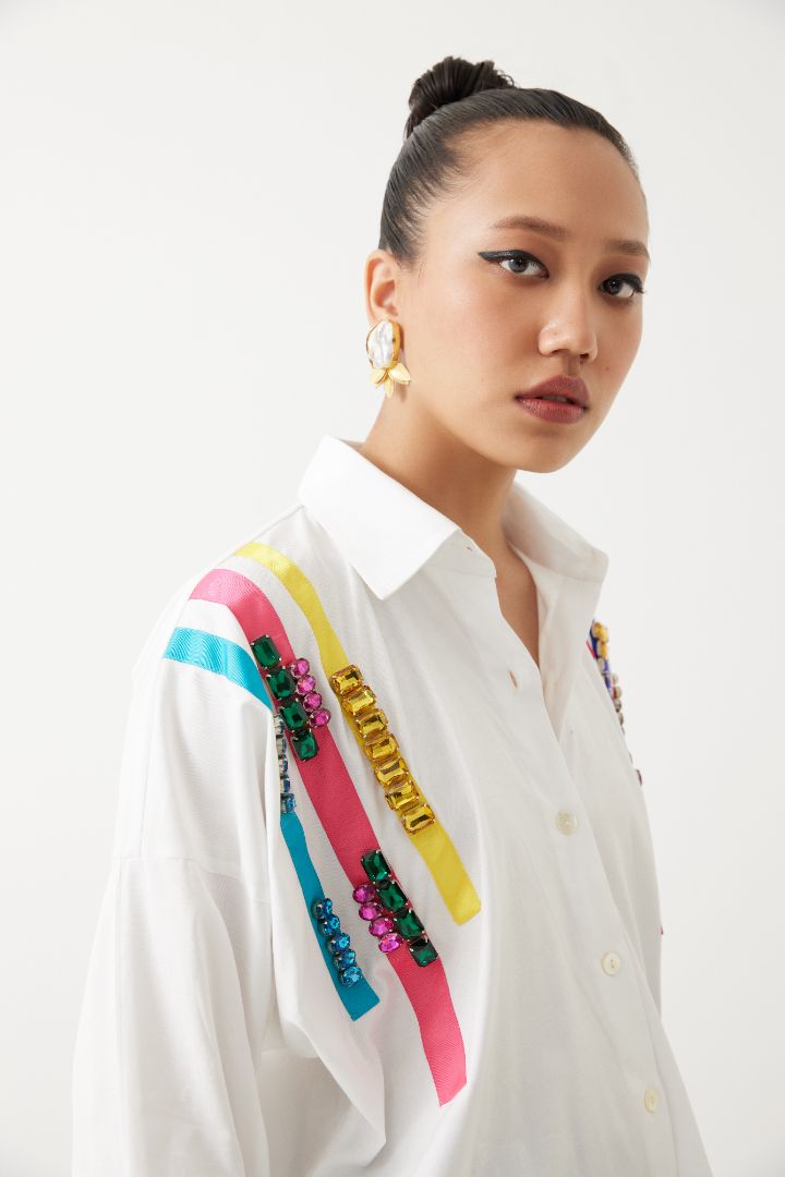 White Poplin Embroidered Box Shirt