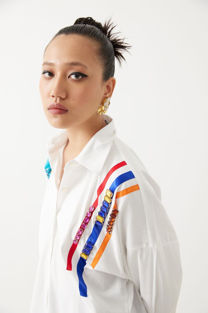 White Poplin Embroidered Box Shirt