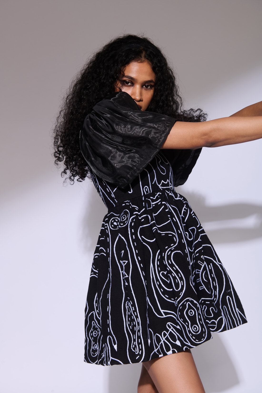 black embroidered denim dress side