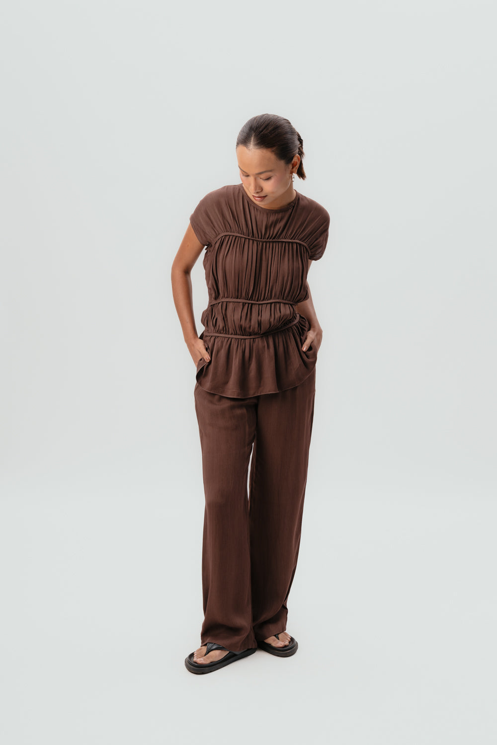 Brown Viscose Top | Brown Pants | Mid Rise