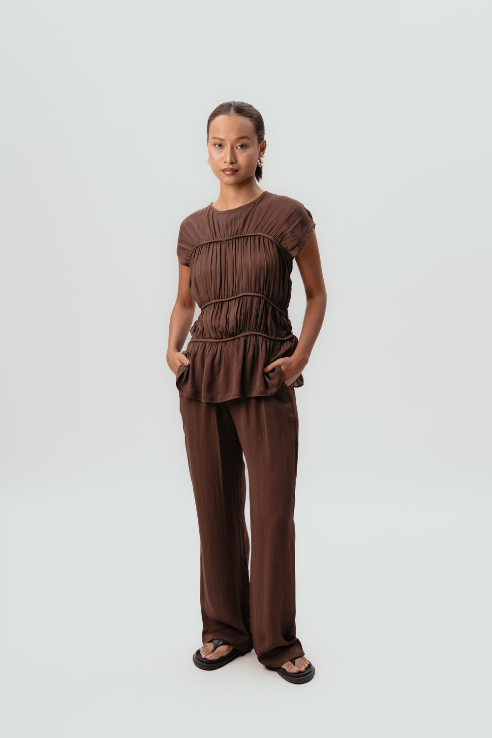 Brown Viscose Top | Brown Pants | Mid Rise