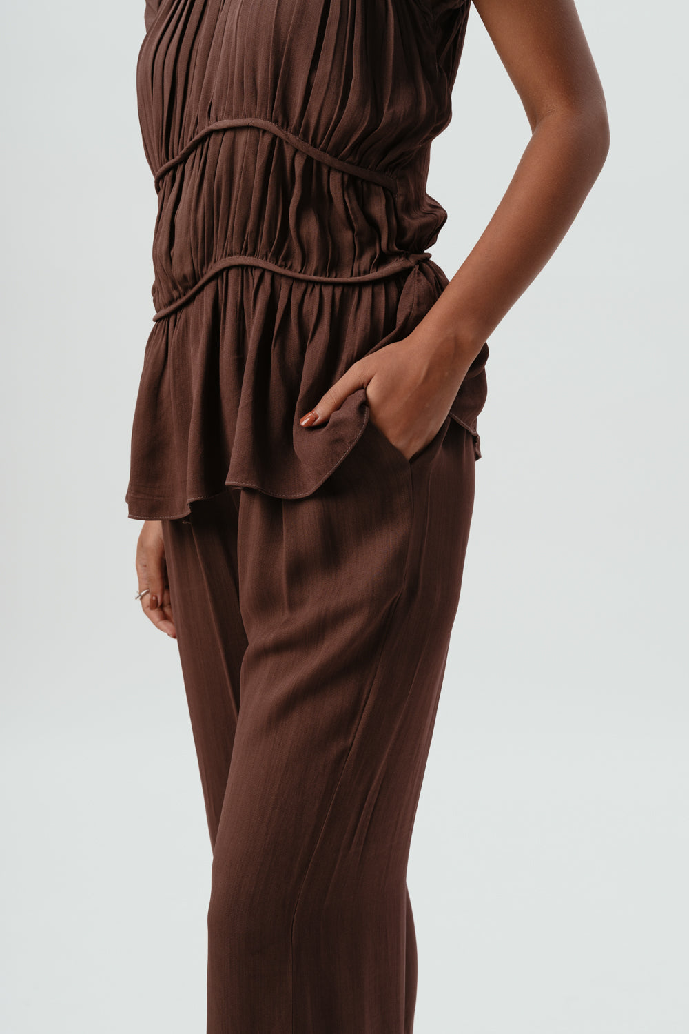 Brown Viscose Top | Brown Pants | Mid Rise