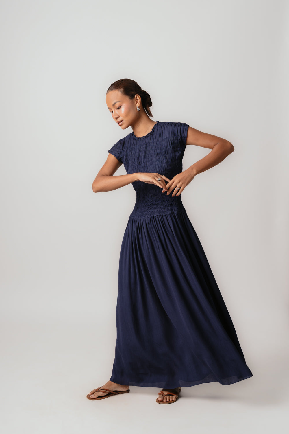 Navy Maxi Dress | Viscose | Smocked 