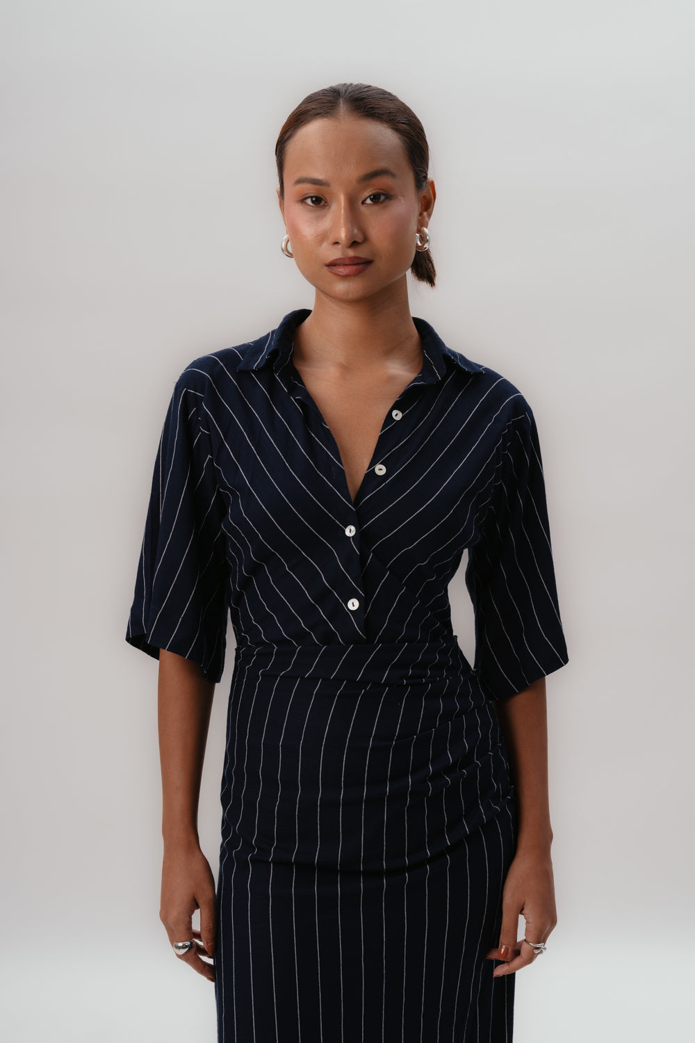 Navy Pinstripes Dress | Formal | Maxi