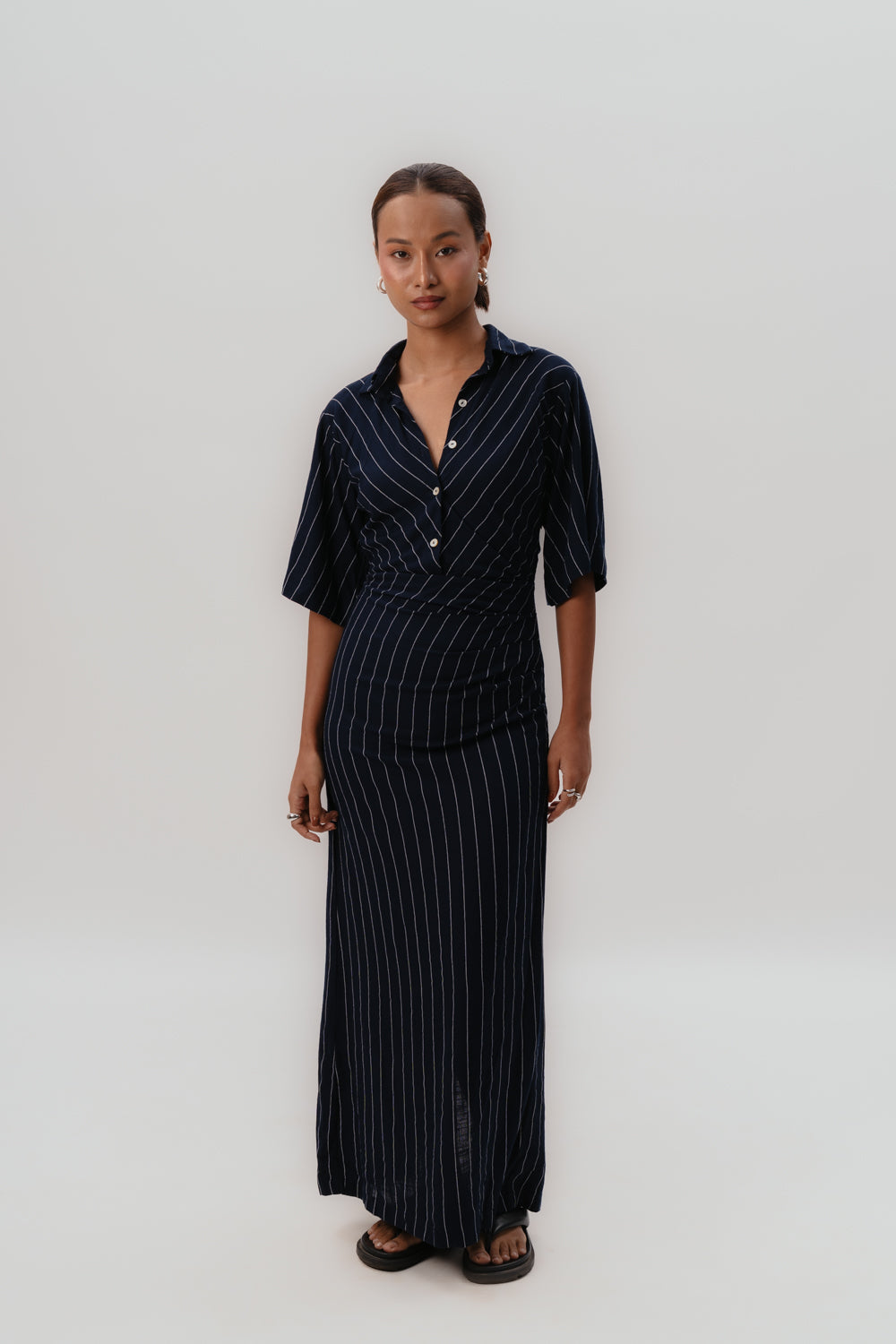 Navy Pinstripes Dress | Formal | Maxi