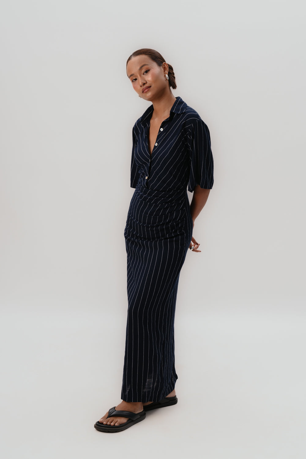 Navy Pinstripes Dress | Formal | Maxi