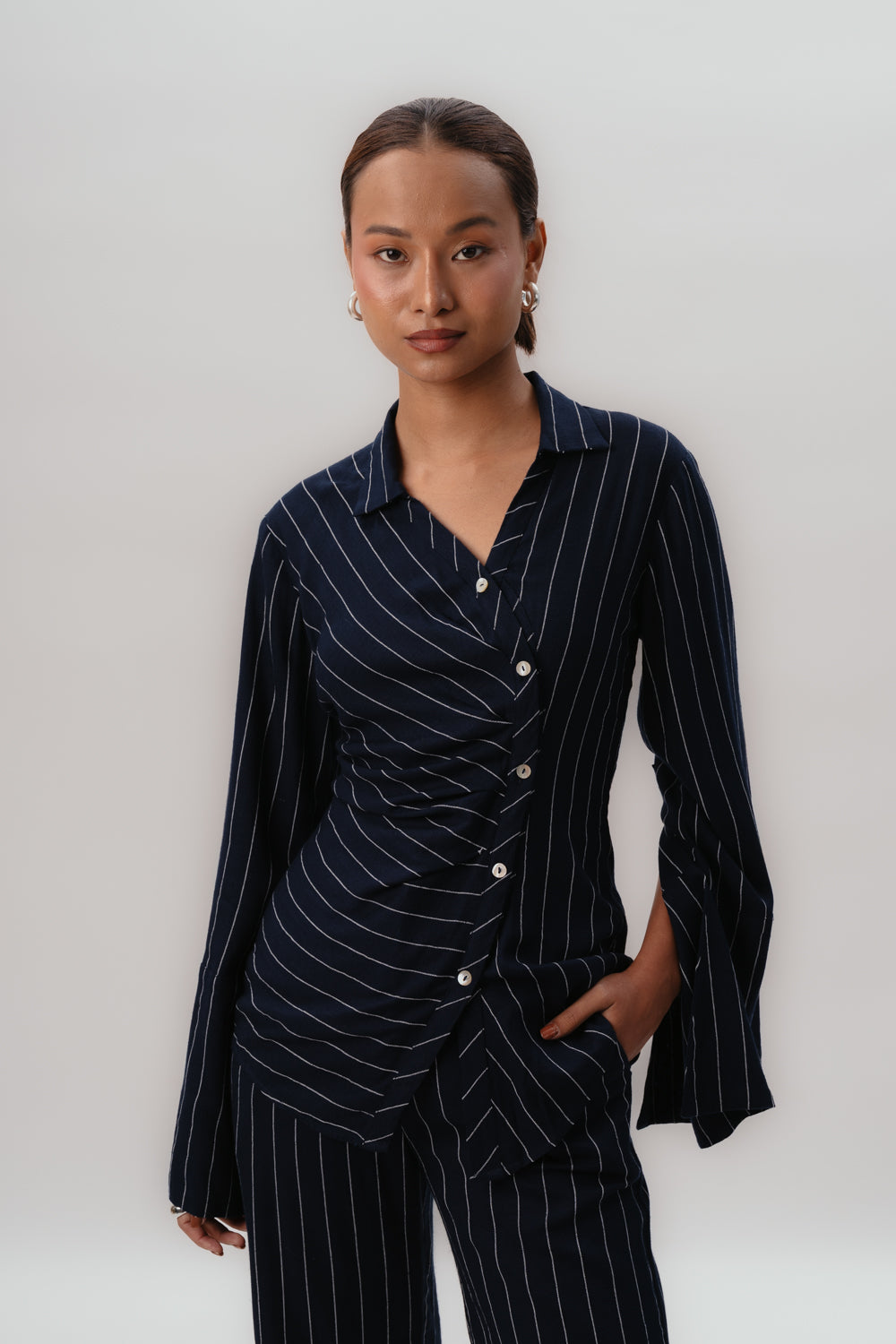 Navy Pinstripes Shirt | Formal | Asymmetrical 