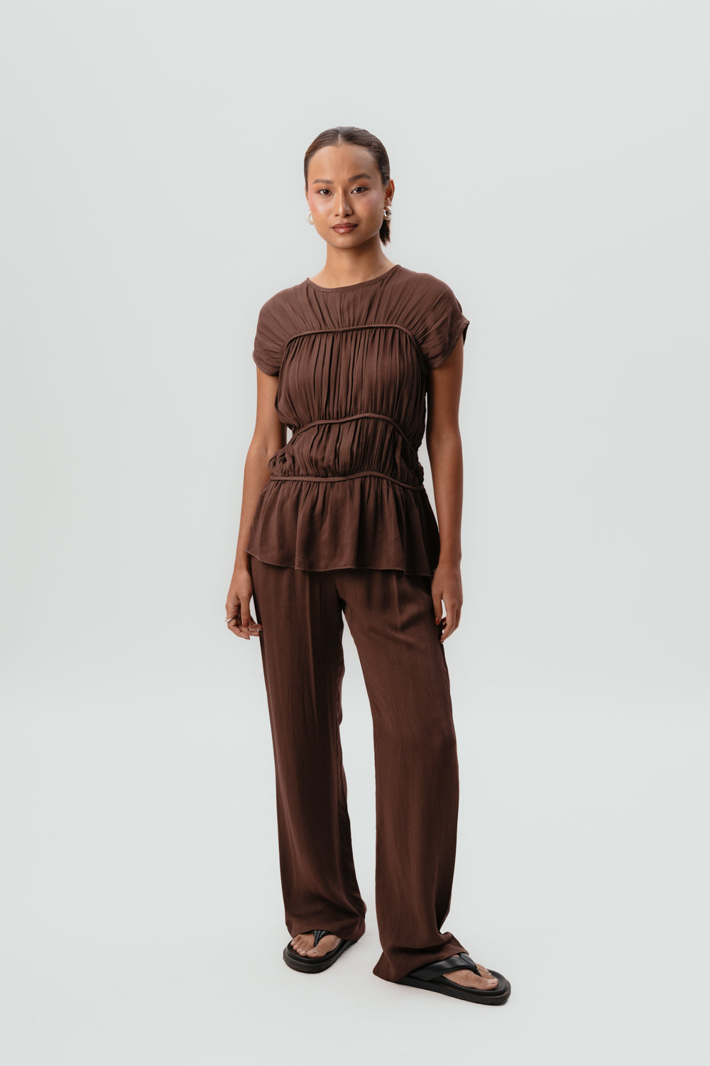 Brown Viscose Top | Brown Pants | Mid Rise