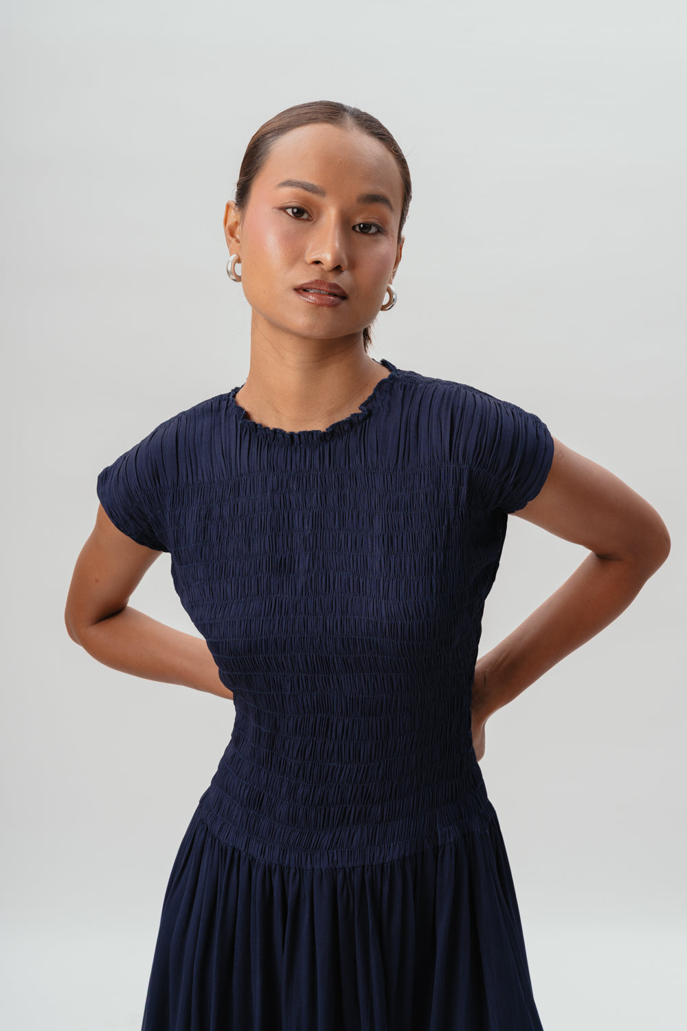 Navy Maxi Dress | Viscose | Smocked 