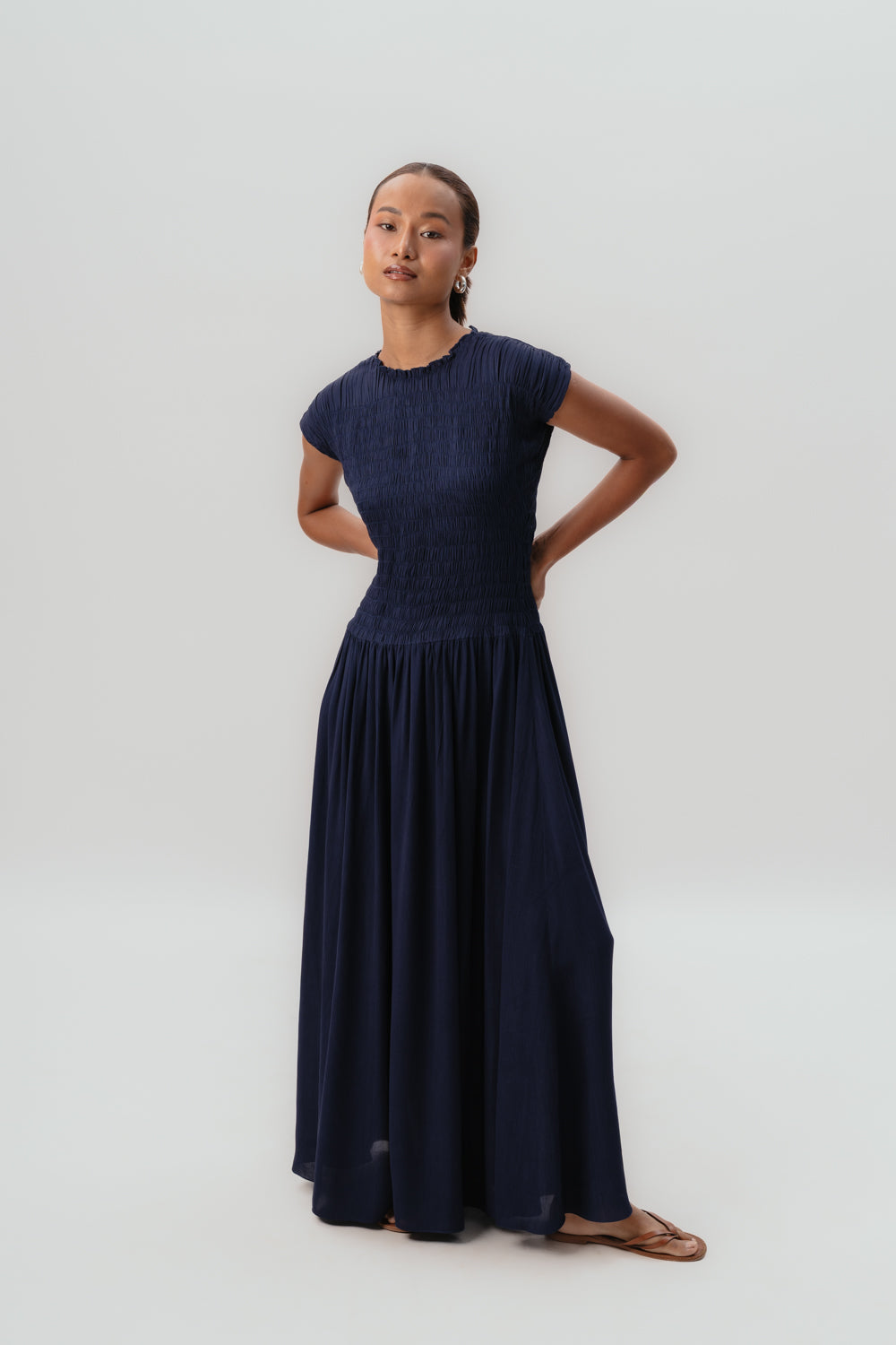 Navy Maxi Dress | Viscose | Smocked 