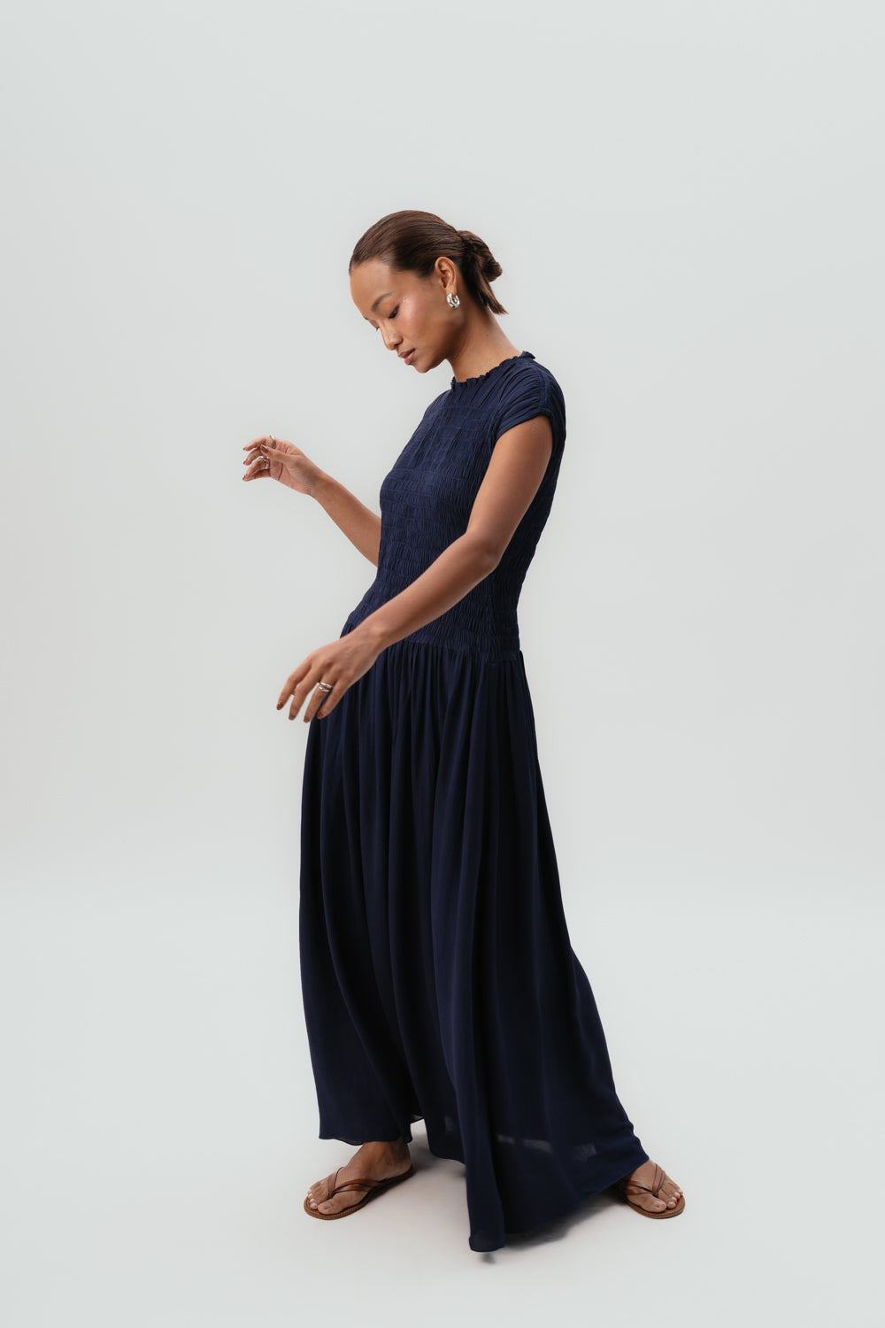 Navy Maxi Dress | Viscose | Smocked 
