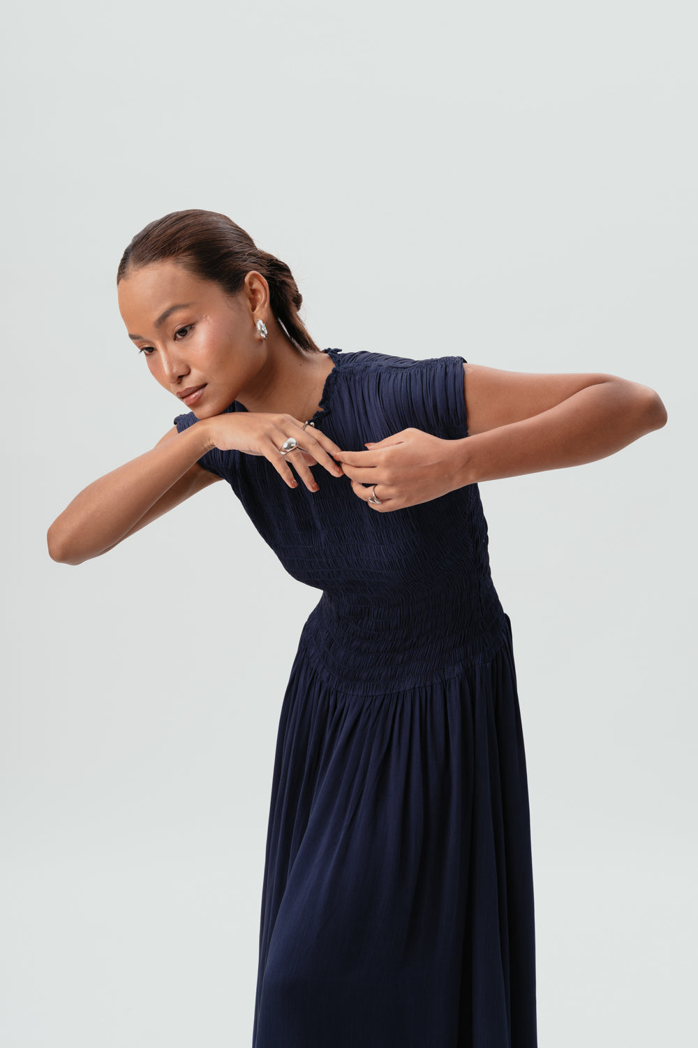 Navy Maxi Dress | Viscose | Smocked 
