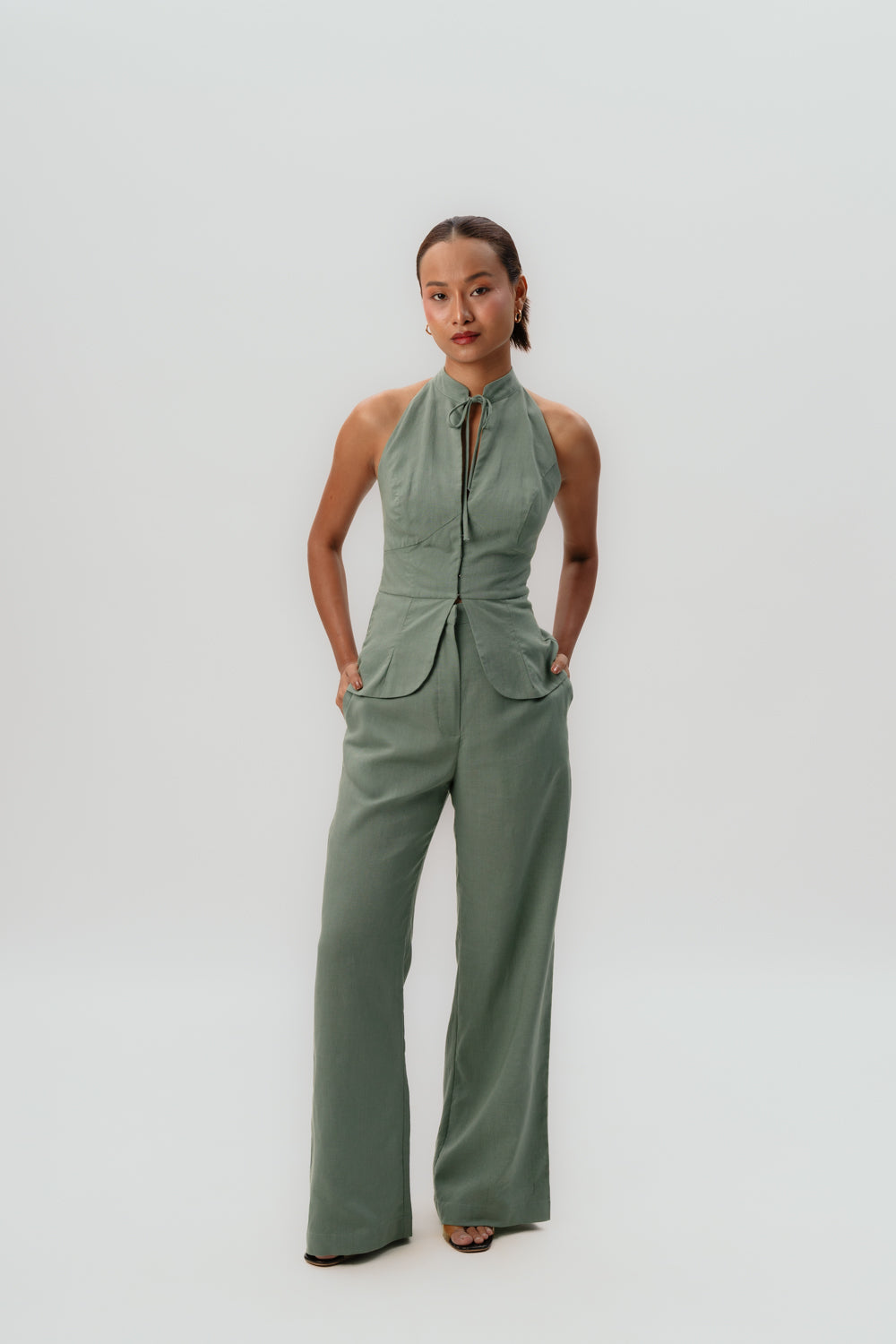 Mint Green Halter Neck Top | Linen | Pants