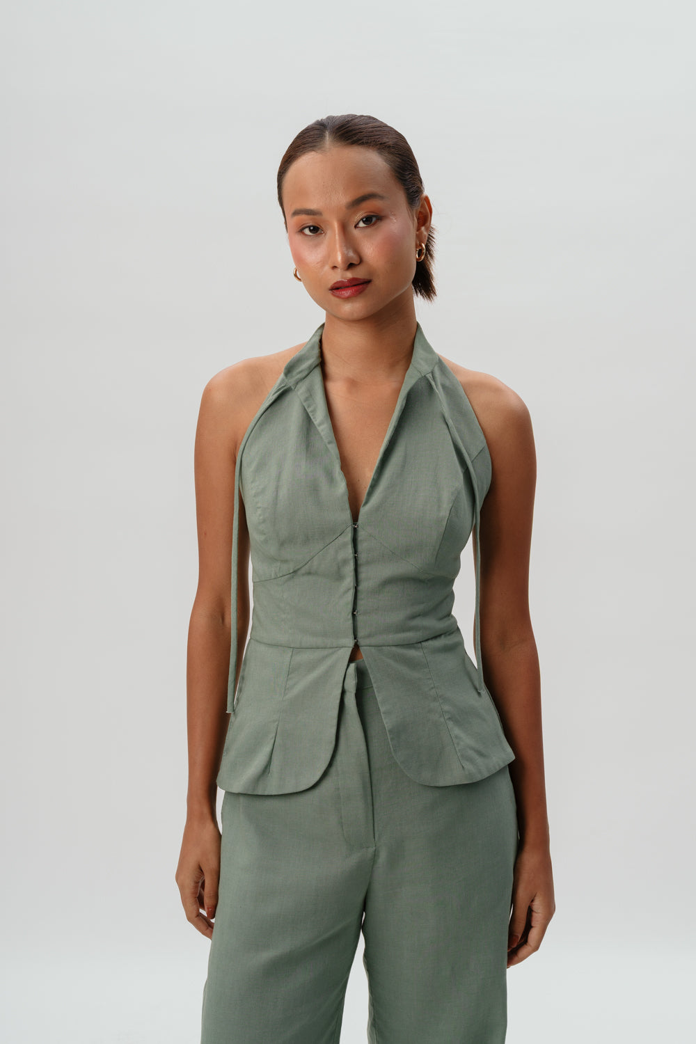 Mint Green Halter Neck Top | Linen | Pants
