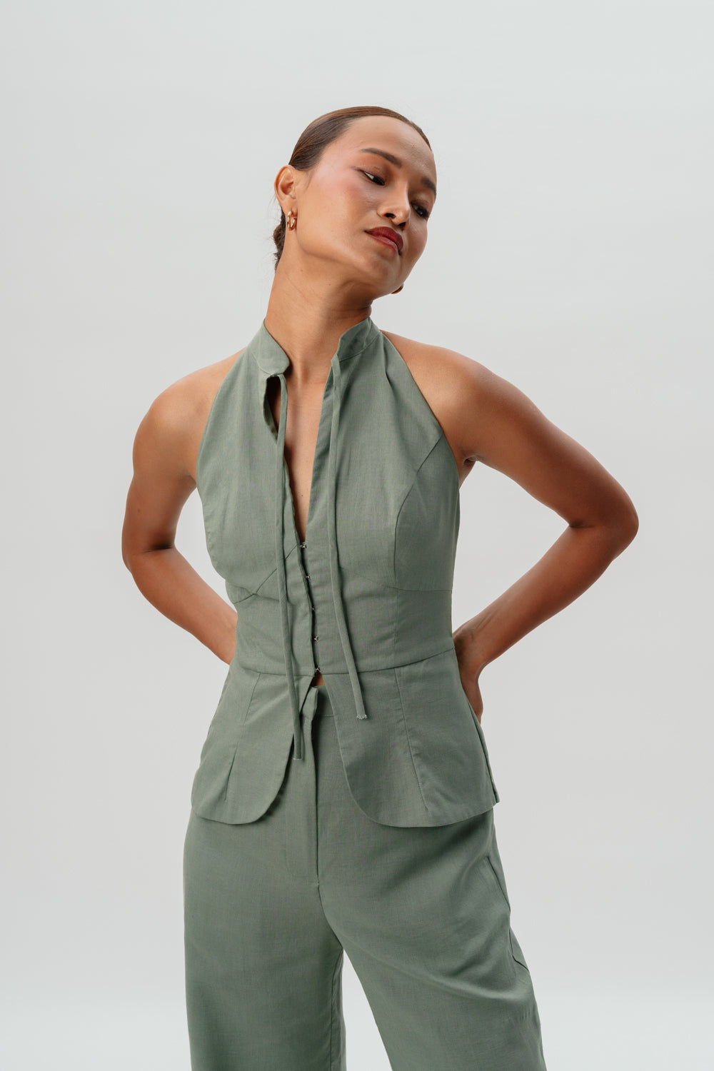 Mint Green Halter Neck Top | Linen | Pants