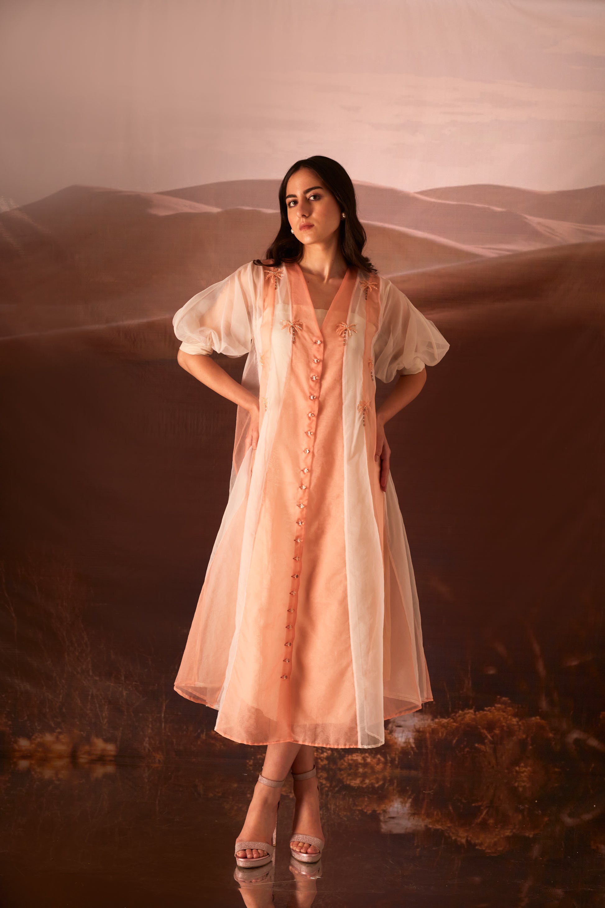 peach embroidered clover dress