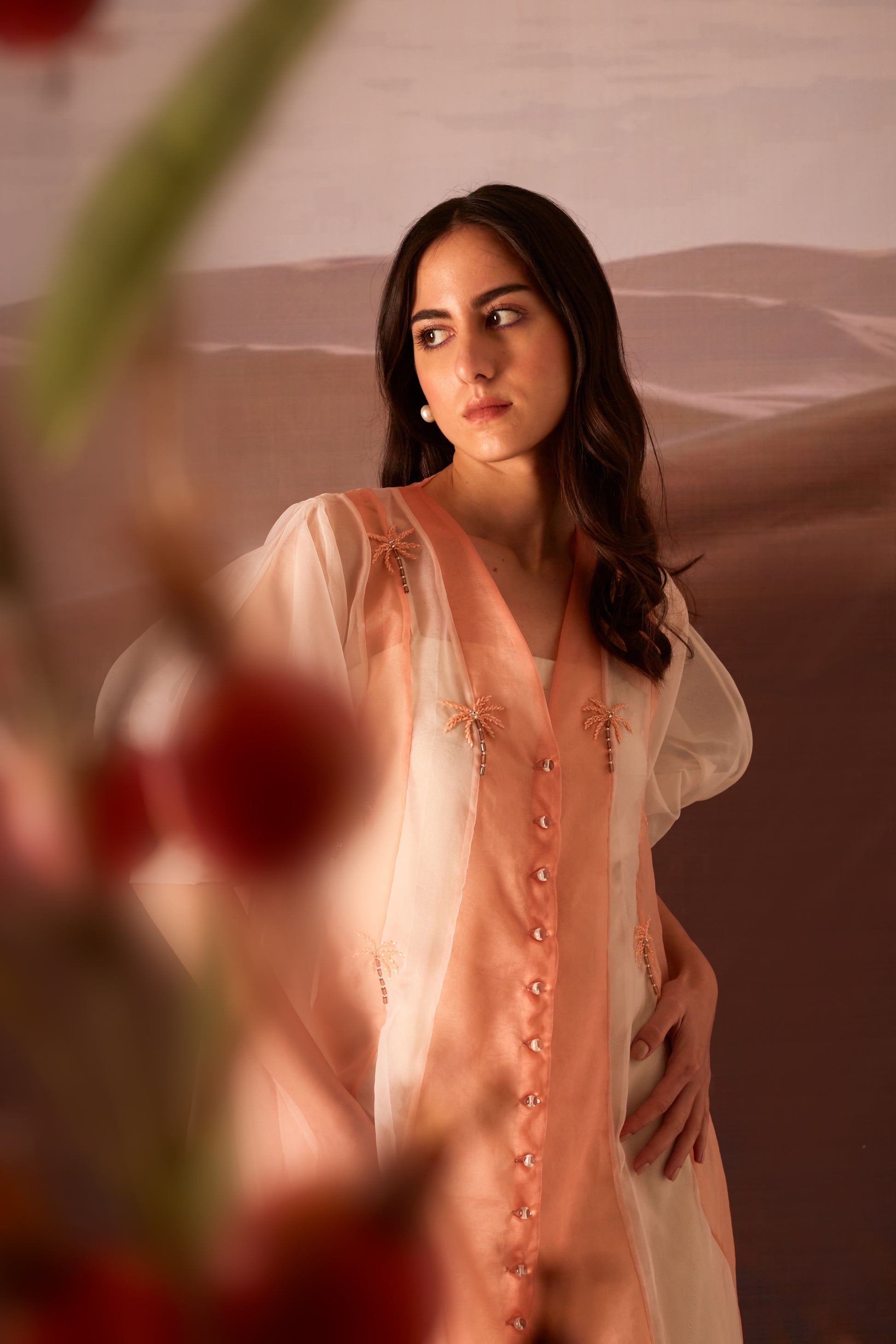 peach embroidered clover dress half