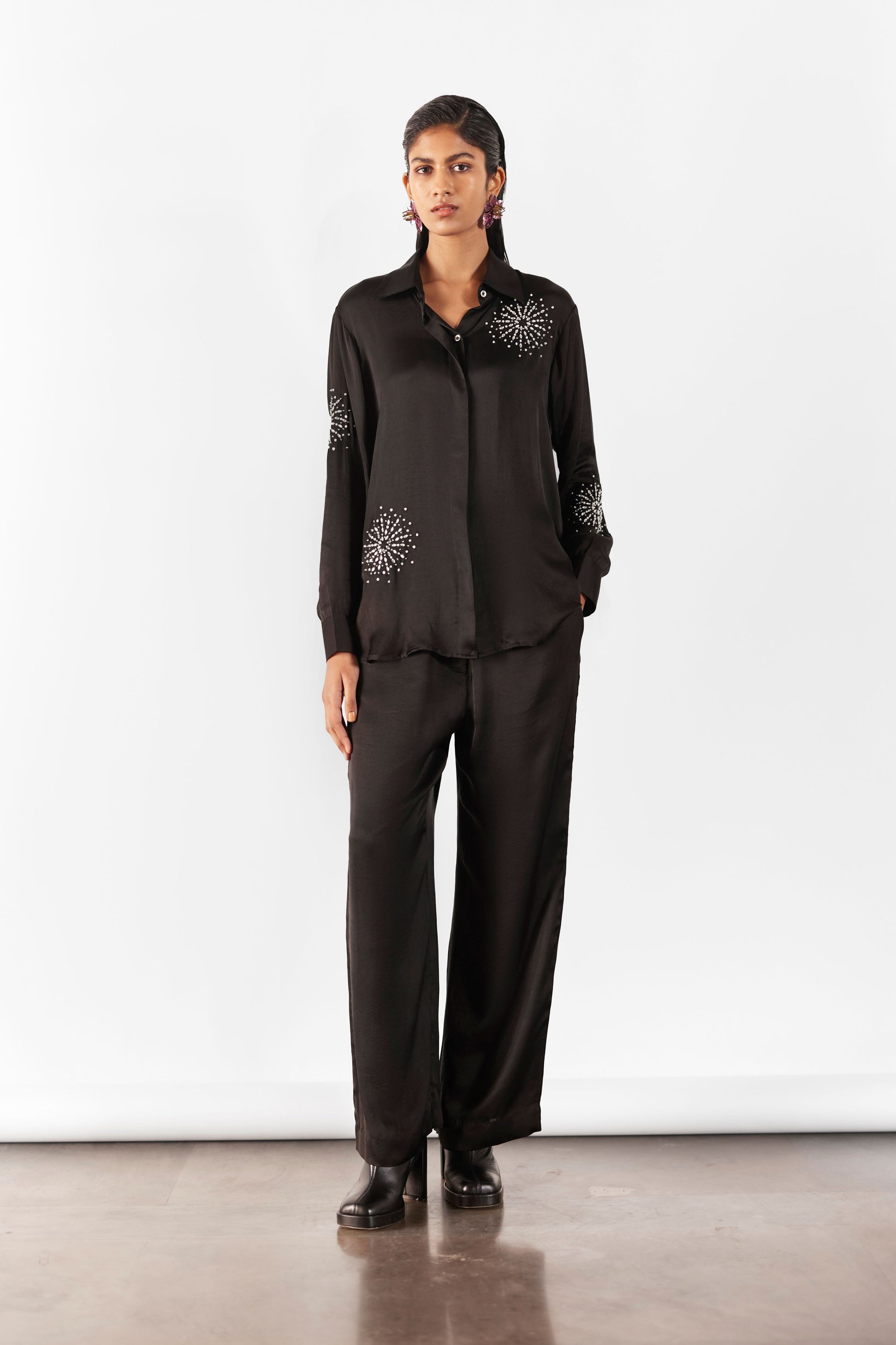 Black Brunia Shirt and Trousers Set | Swarovski | Silk